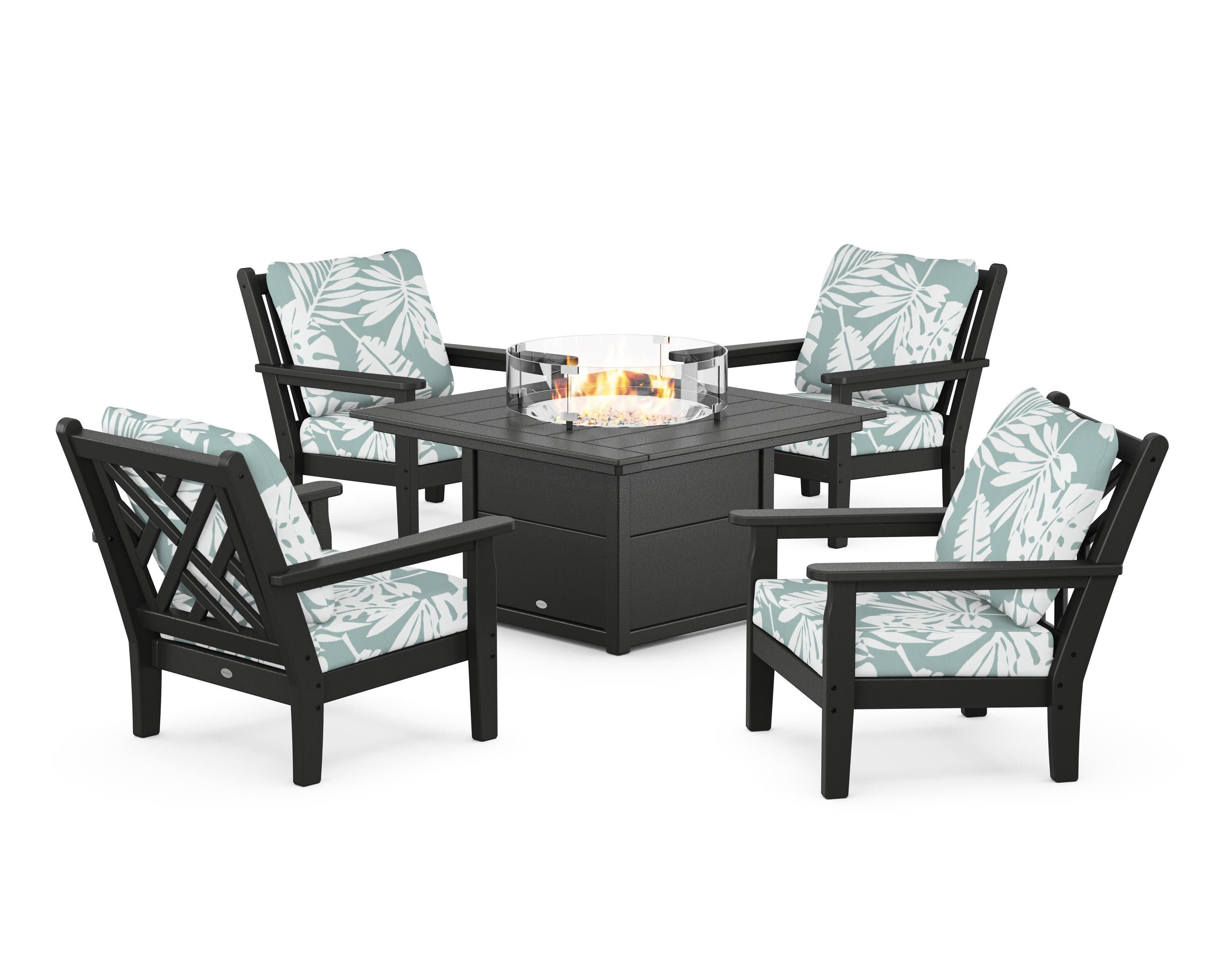 Chippendale 5-Piece Deep Seating Set with Fire Pit Table in Black / Leaf Glacier Spa