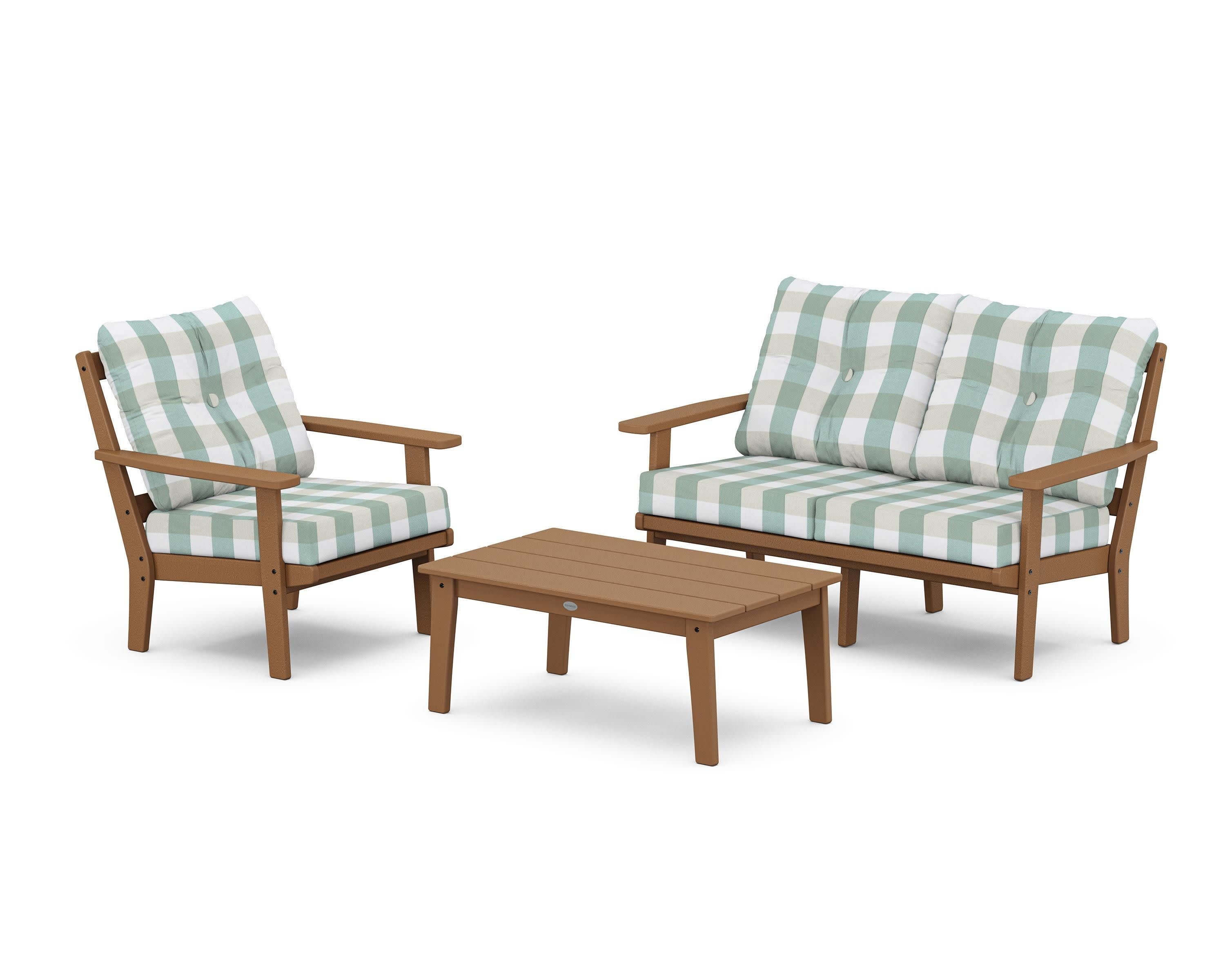 Oxford 3-Piece Deep Seating Set with Loveseat in Teak / Buffalo Plaid Glacier Spa