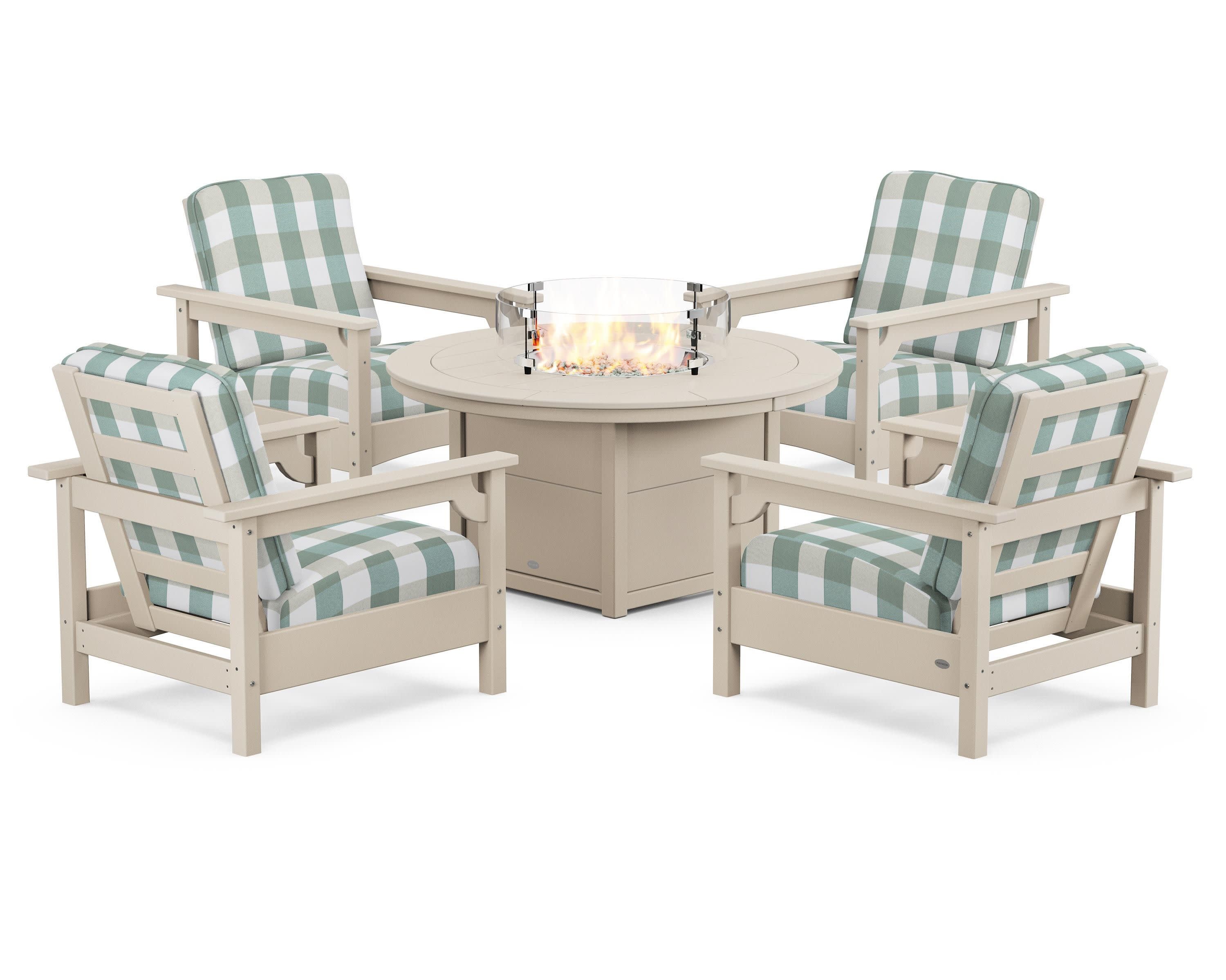 Club 5-Piece Conversation Set with Fire Pit Table in Sand / Buffalo Plaid Glacier Spa