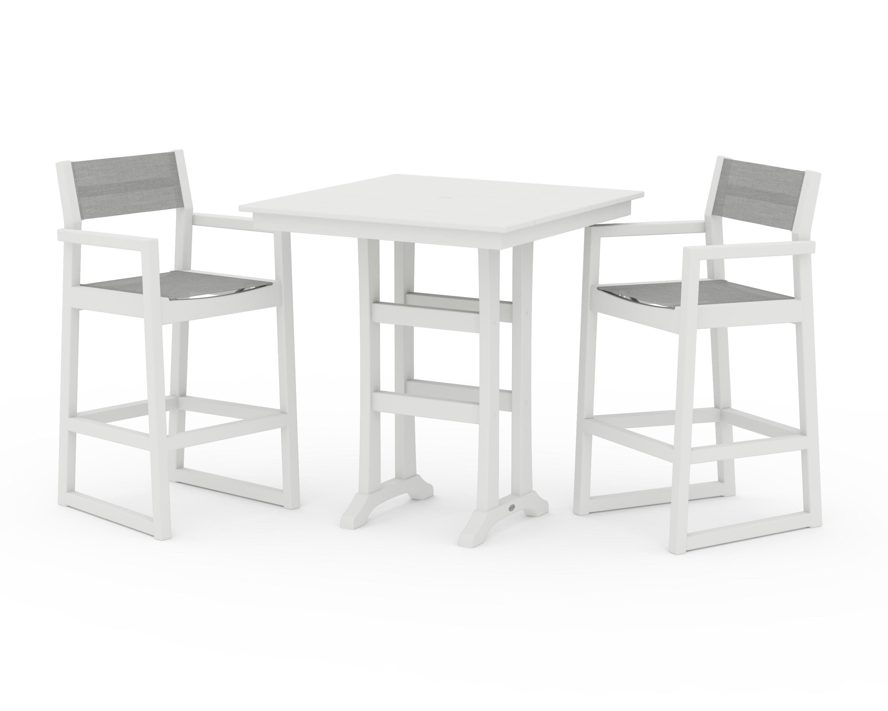 EDGE Sling Arm Chair 3-Piece Farmhouse Bar Set with Trestle Legs in Vintage White / Metallic Sling