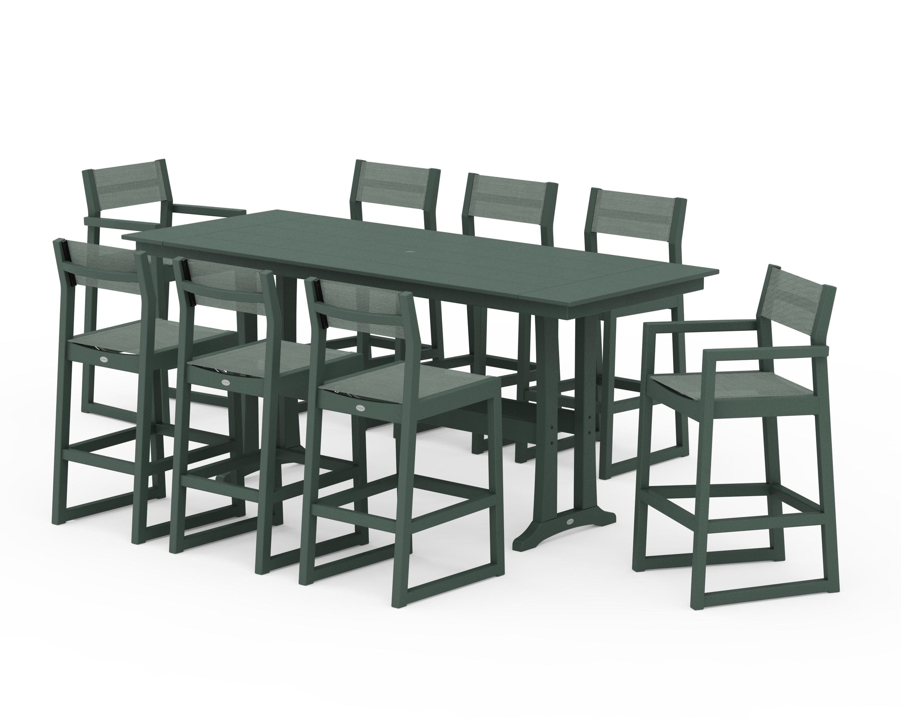 EDGE Sling 9-Piece Farmhouse Bar Set with Trestle Legs in Green / Dupioni Sea Mist Sling