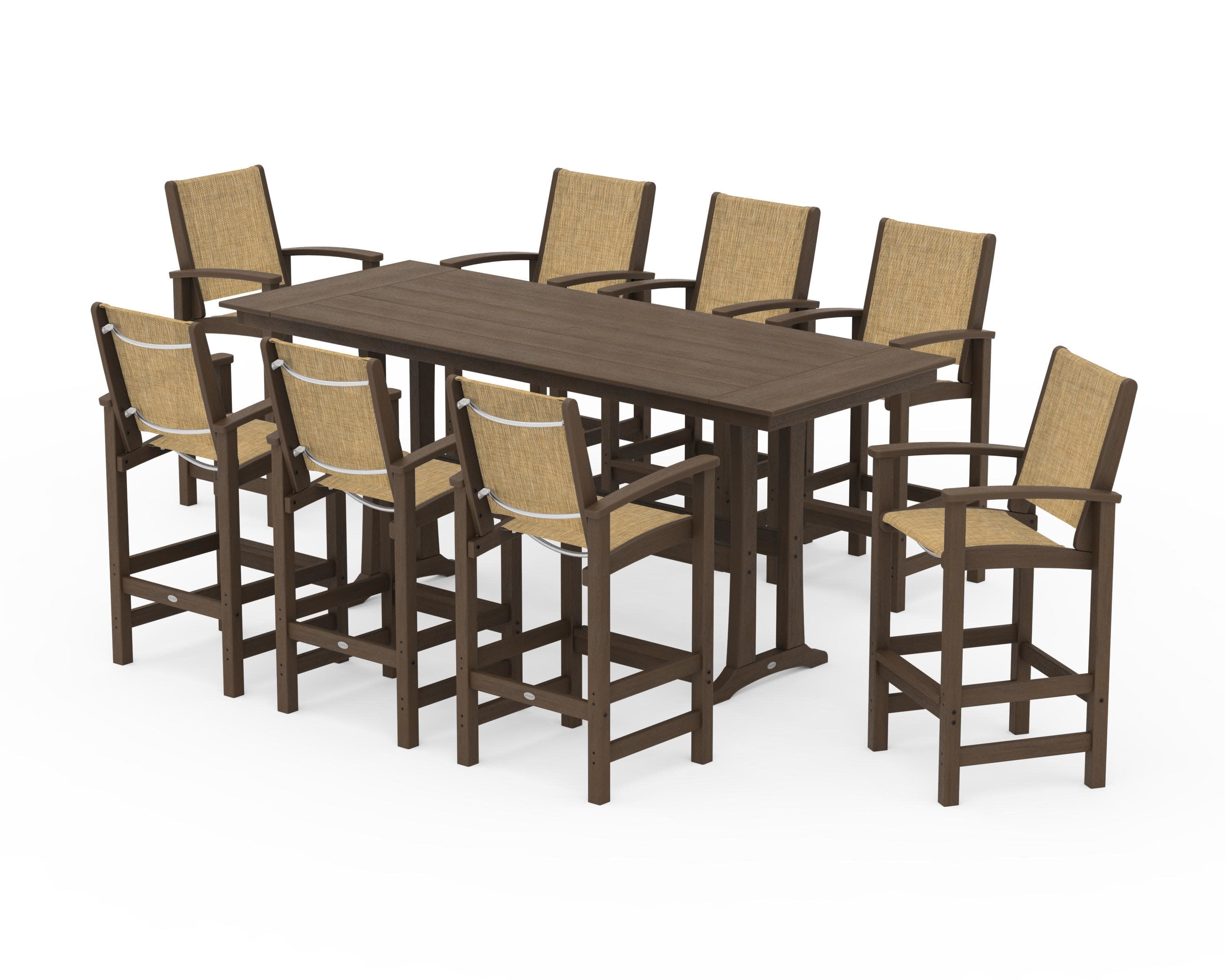 Coastal 9-Piece Farmhouse Bar Set with Trestle Legs in Kona / Burlap Sling