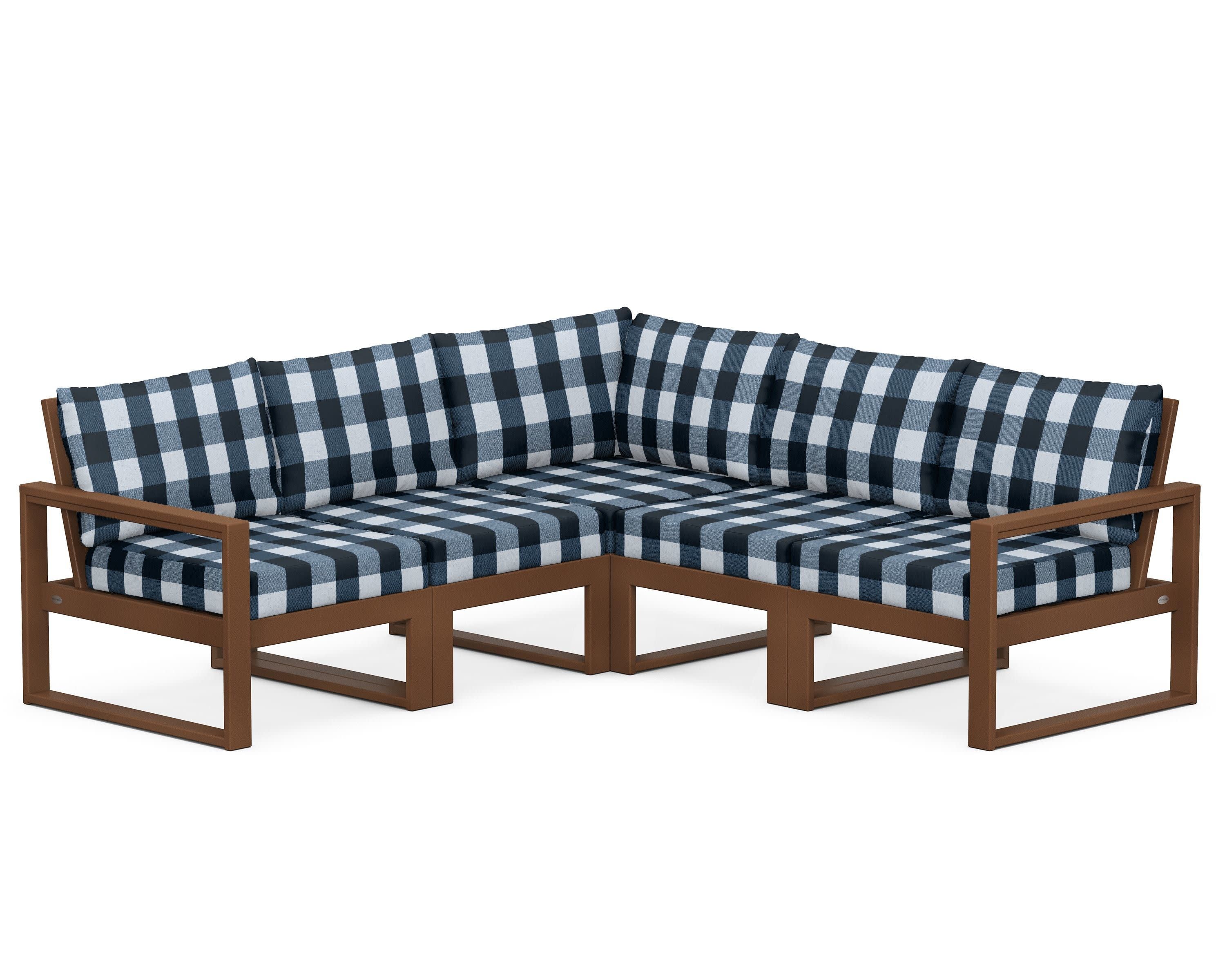 EDGE 5-Piece Modular Deep Seating Set in Teak / Buffalo Plaid Marine Indigo