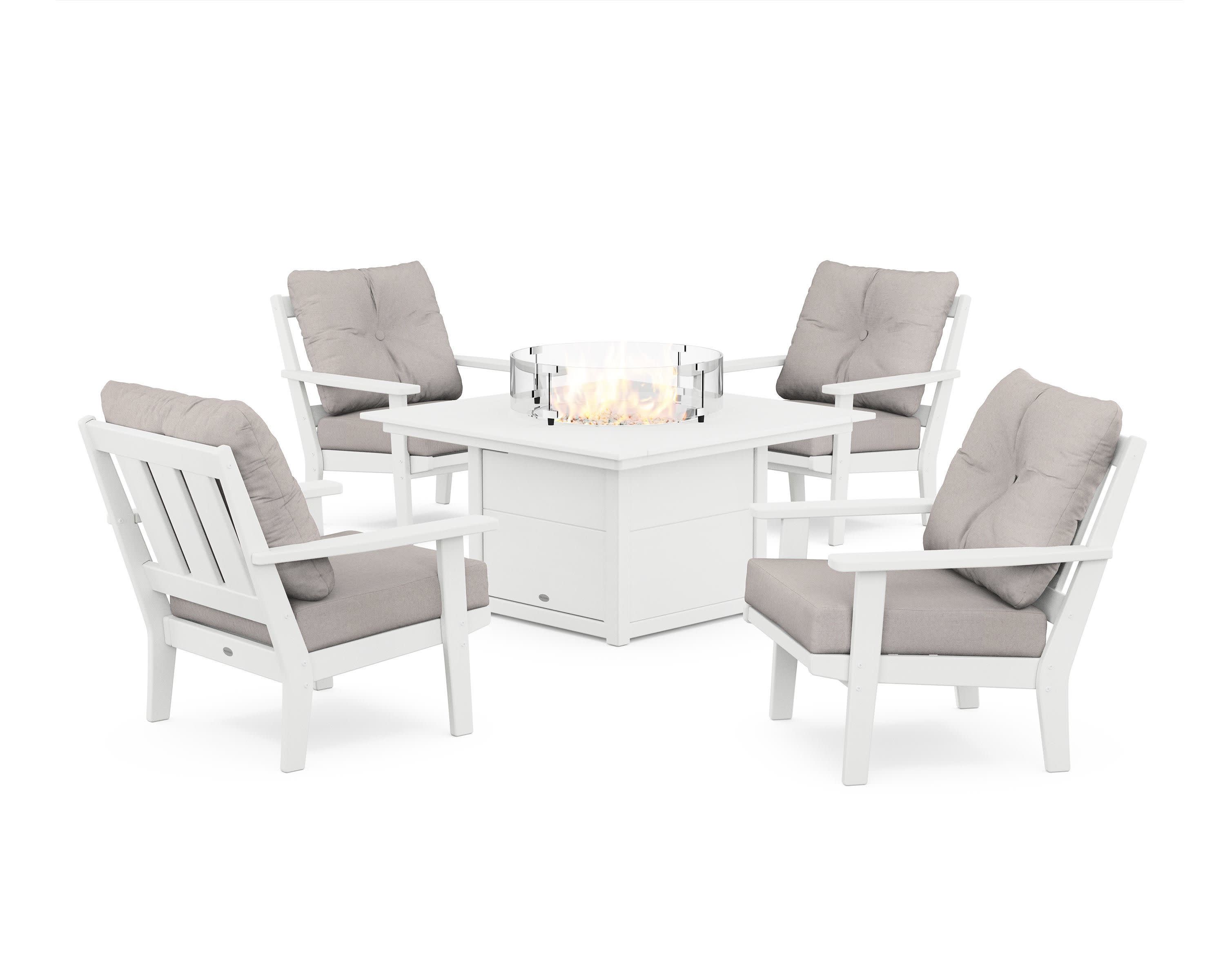 Oxford 5-Piece Deep Seating Set with Fire Pit Table in White / Dune Burlap