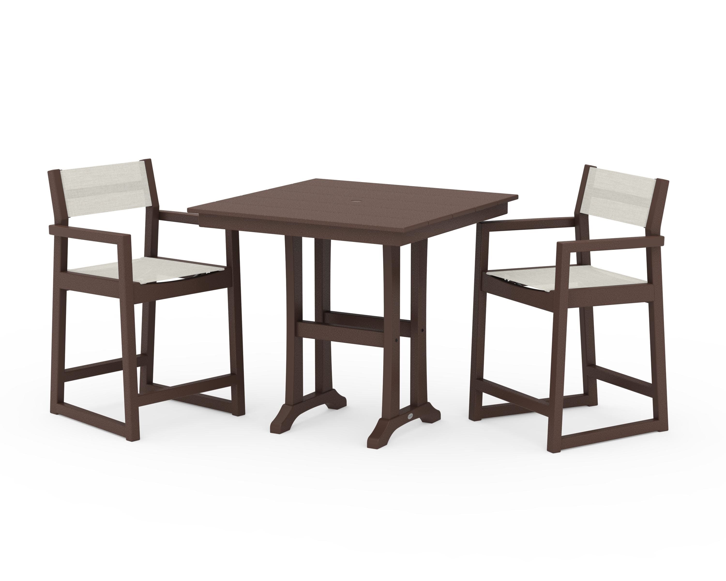 EDGE Sling Arm Chair 3-Piece Farmhouse Counter Set with Trestle Legs in Mahogany / Parchment Sling