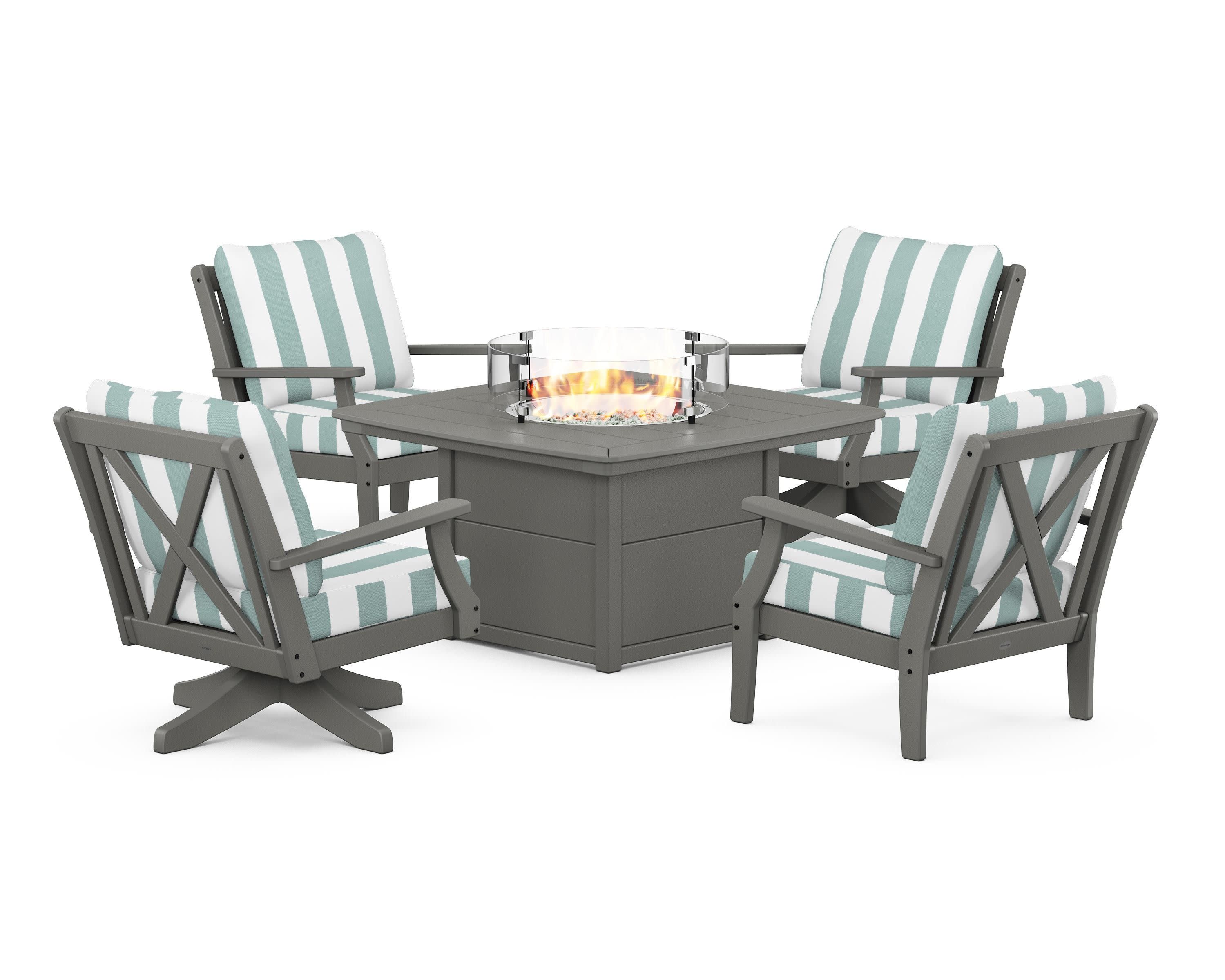 Braxton 5-Piece Deep Seating Set with Fire Table in Slate Grey / Cabana Stripe Glacier Spa