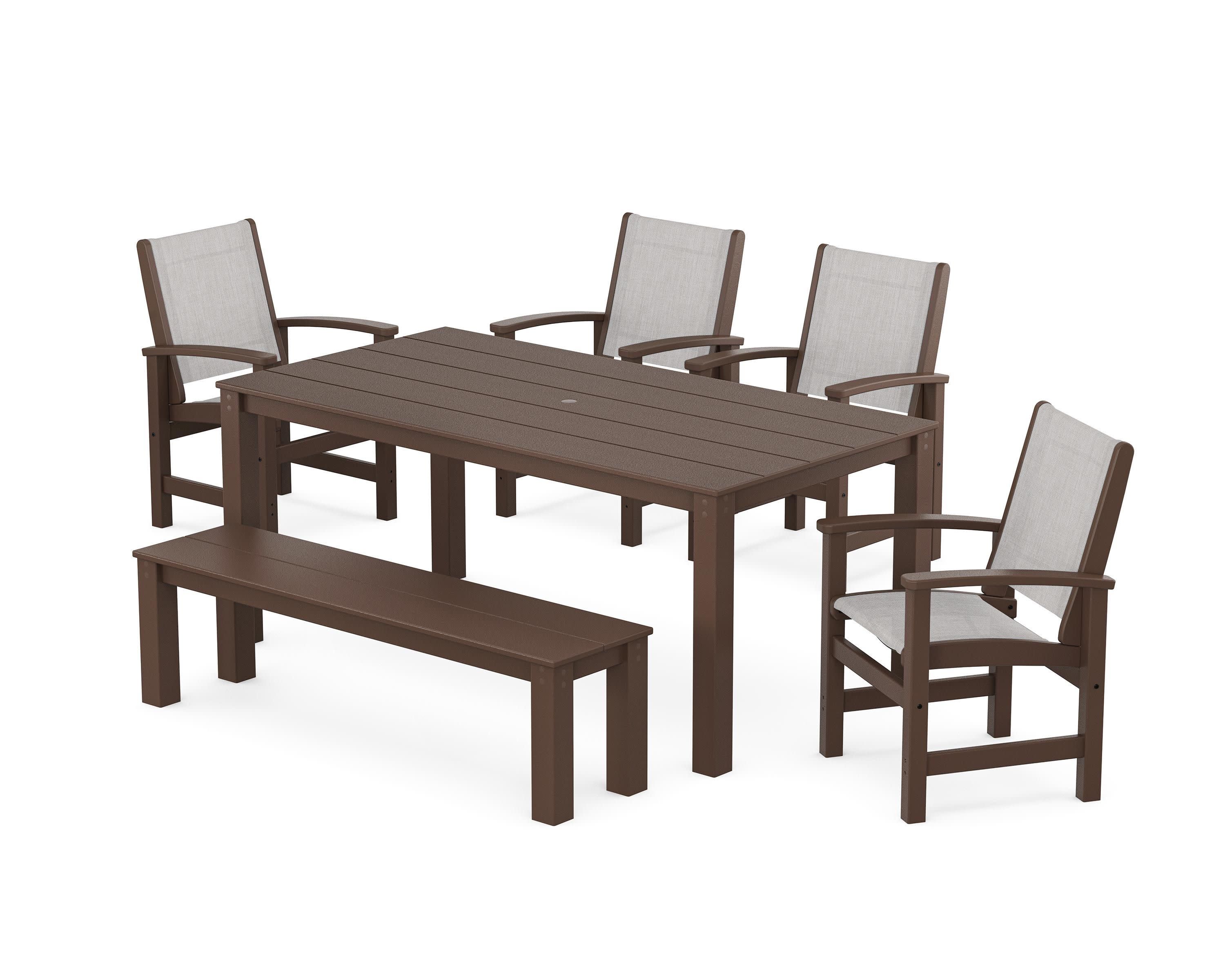 Coastal 6-Piece Parsons Dining Set with Bench in Mahogany / Parchment Sling