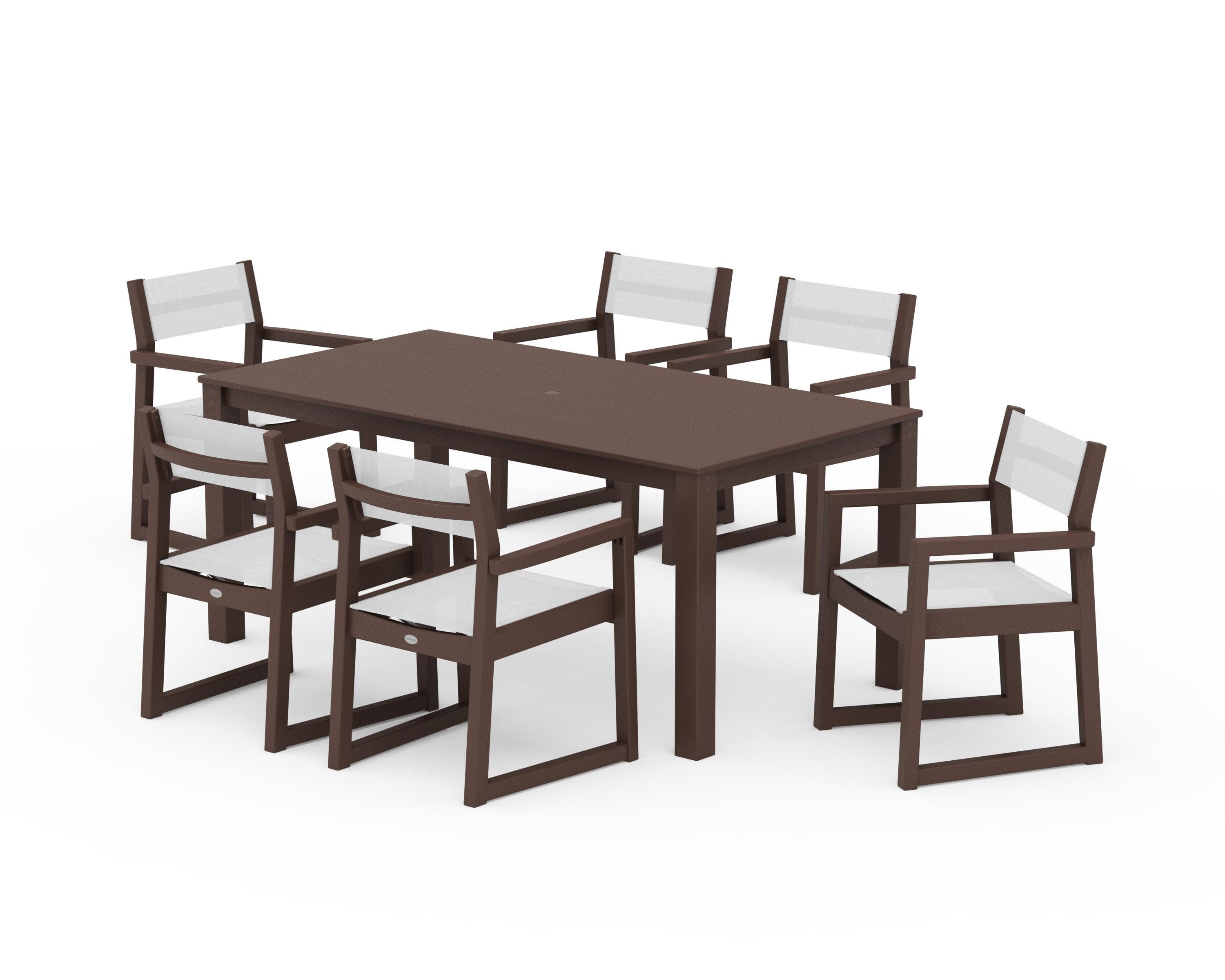 EDGE Sling Arm Chair 7-Piece Parsons Dining Set in Mahogany / White Sling