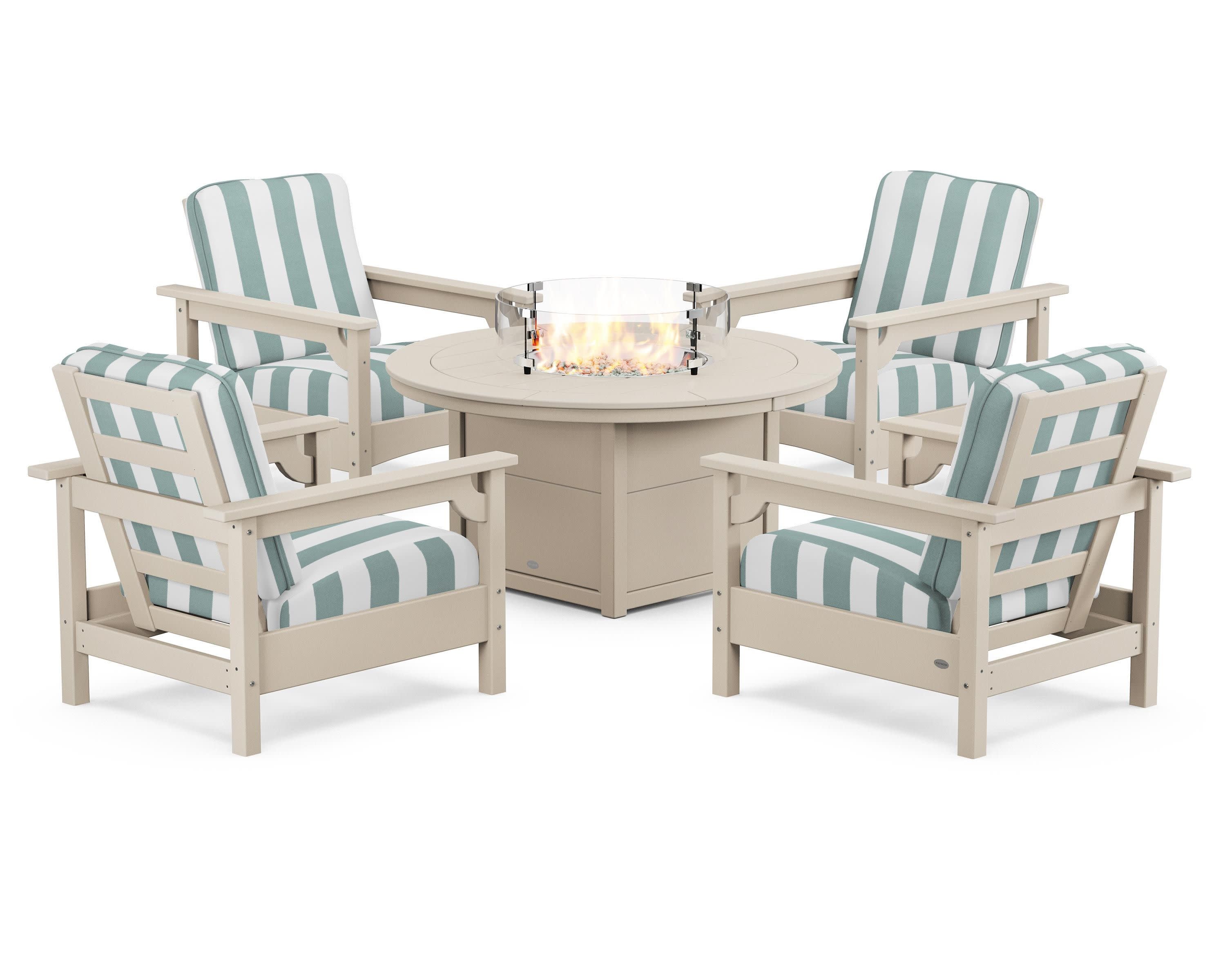 Club 5-Piece Conversation Set with Fire Pit Table in Sand / Cabana Stripe Glacier Spa