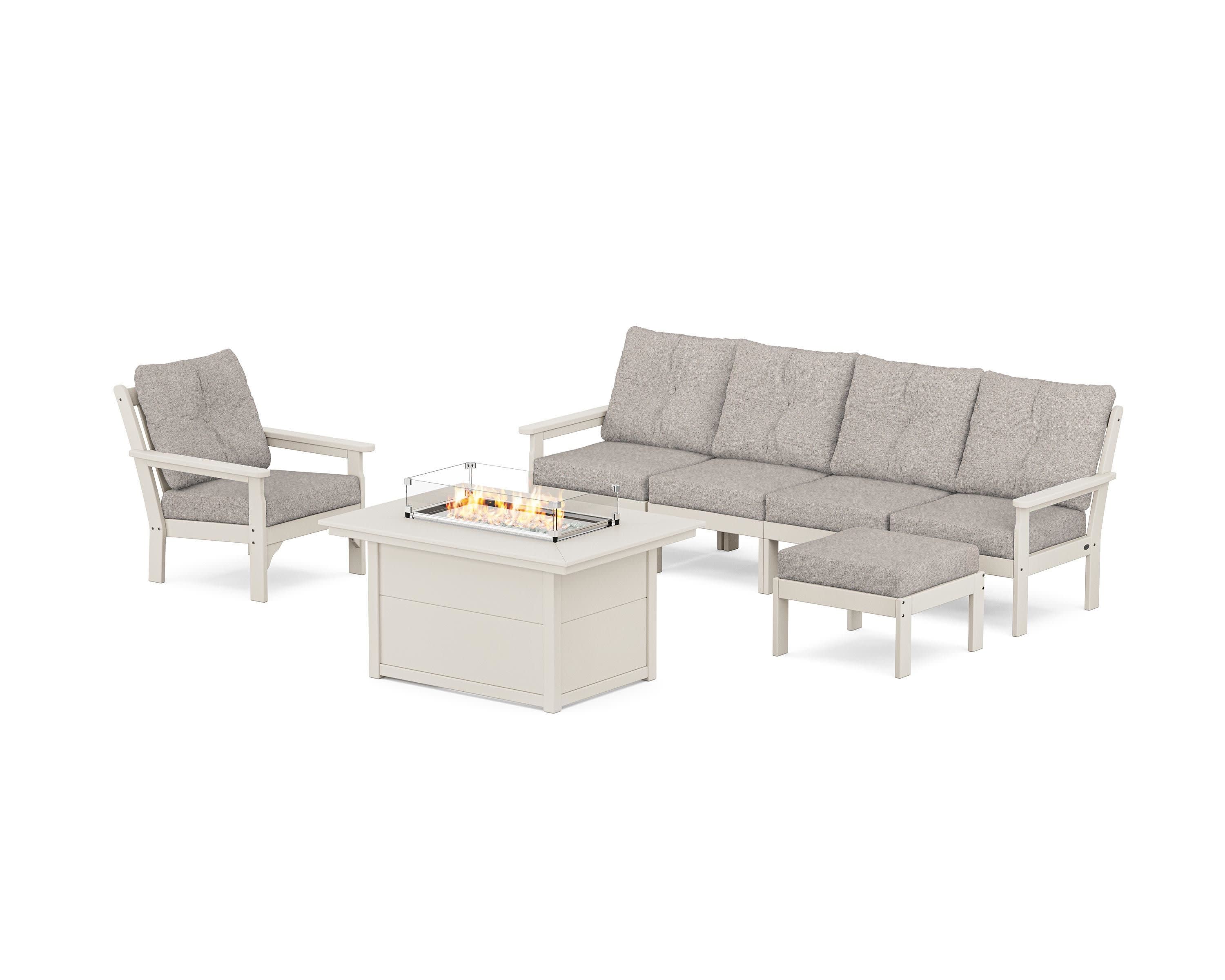 Vineyard Sectional Lounge and Fire Pit Set in Sand / Weathered Tweed
