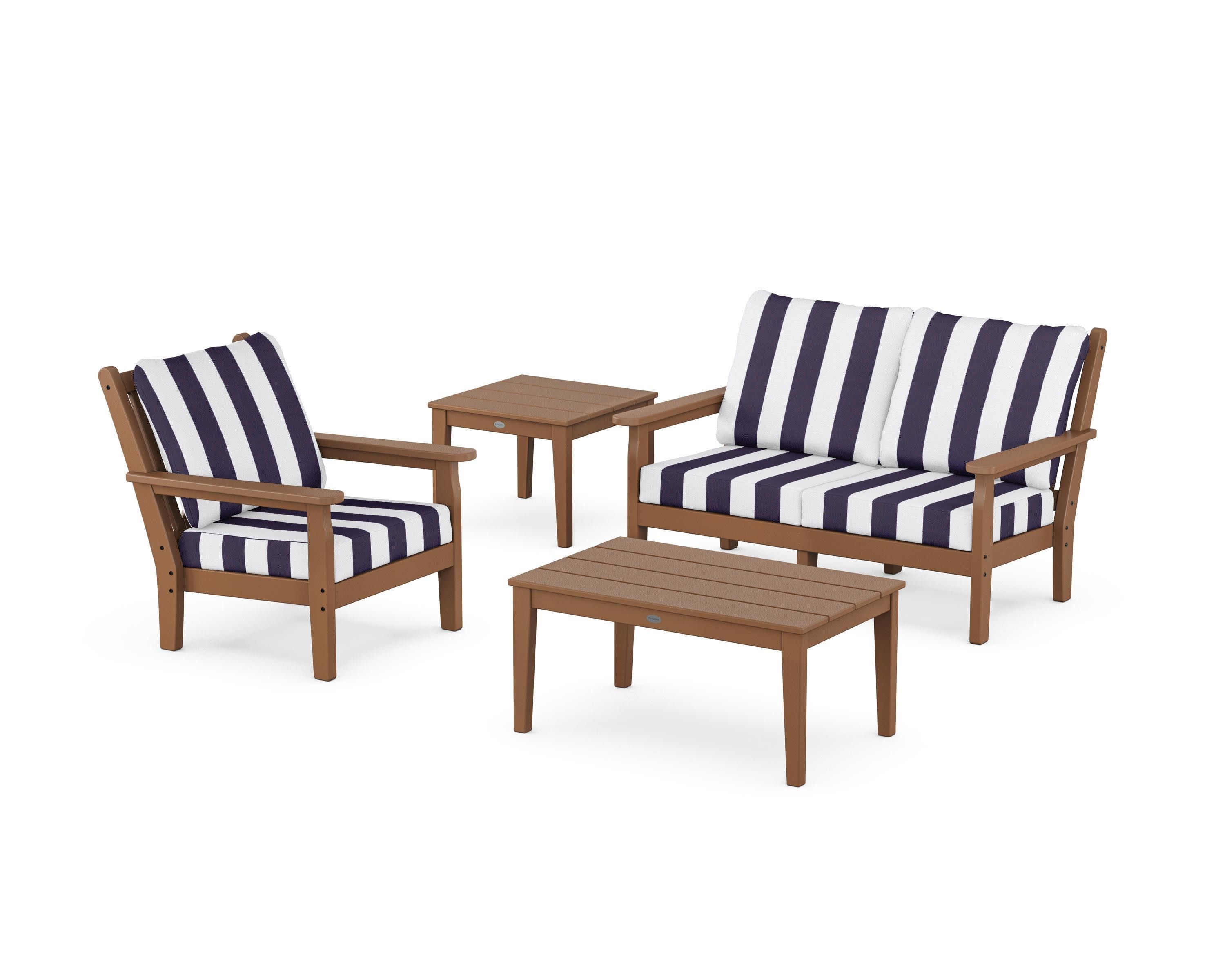 Chippendale 4-Piece Deep Seating Set in Teak / Cabana Stripe Navy