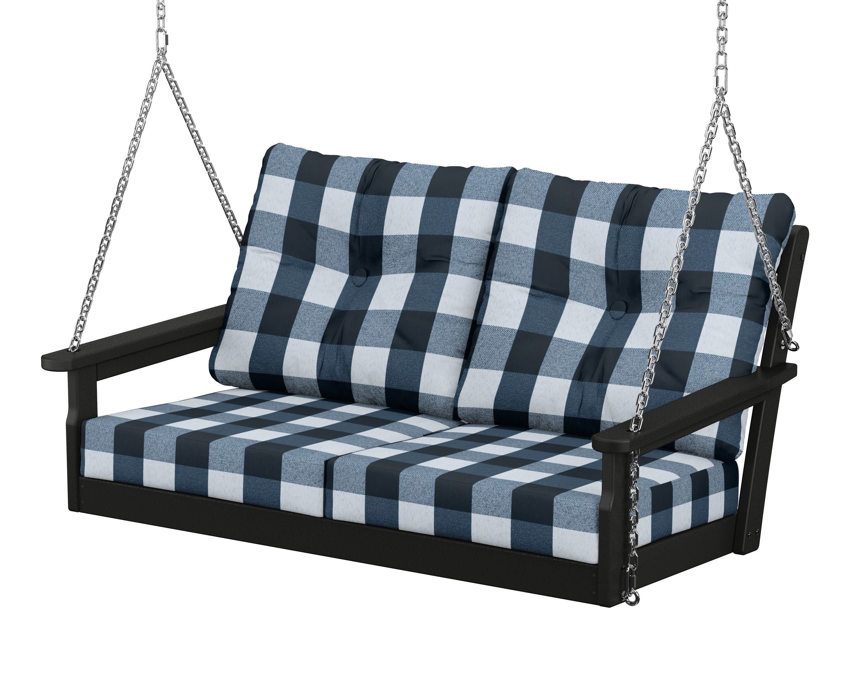 Vineyard Deep Seating Swing in Black / Buffalo Plaid Marine Indigo