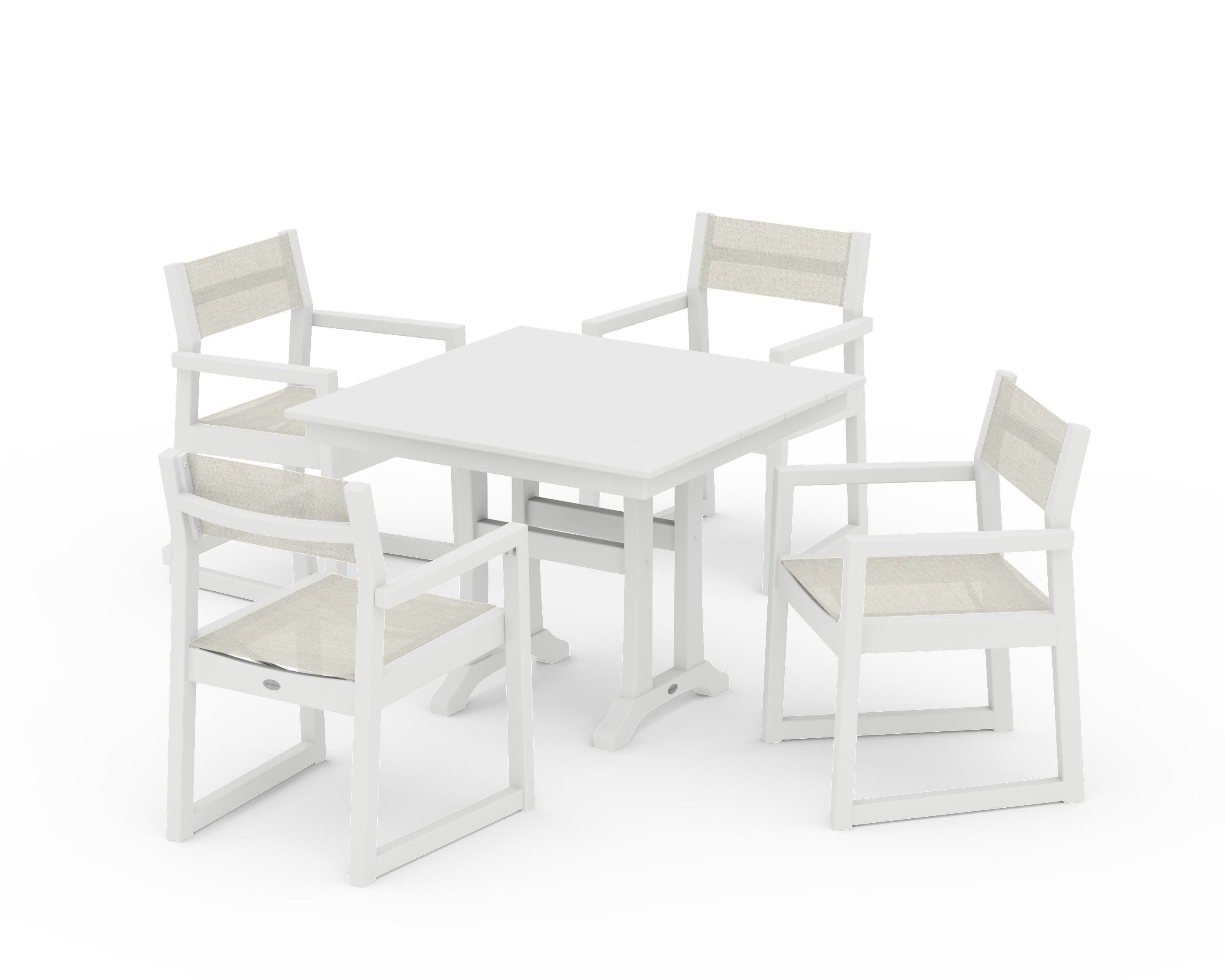 EDGE Sling 5-Piece Farmhouse Dining Set with Trestle Legs in White / Parchment Sling