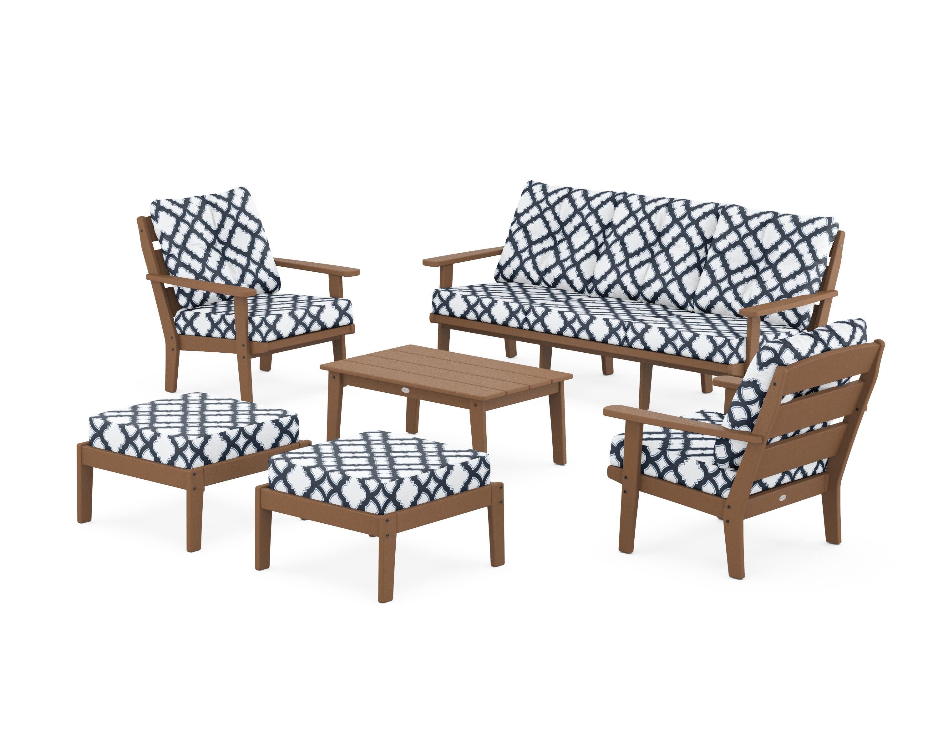 Lakeside 6-Piece Lounge Sofa Set in Teak / Trellis Marine Indigo