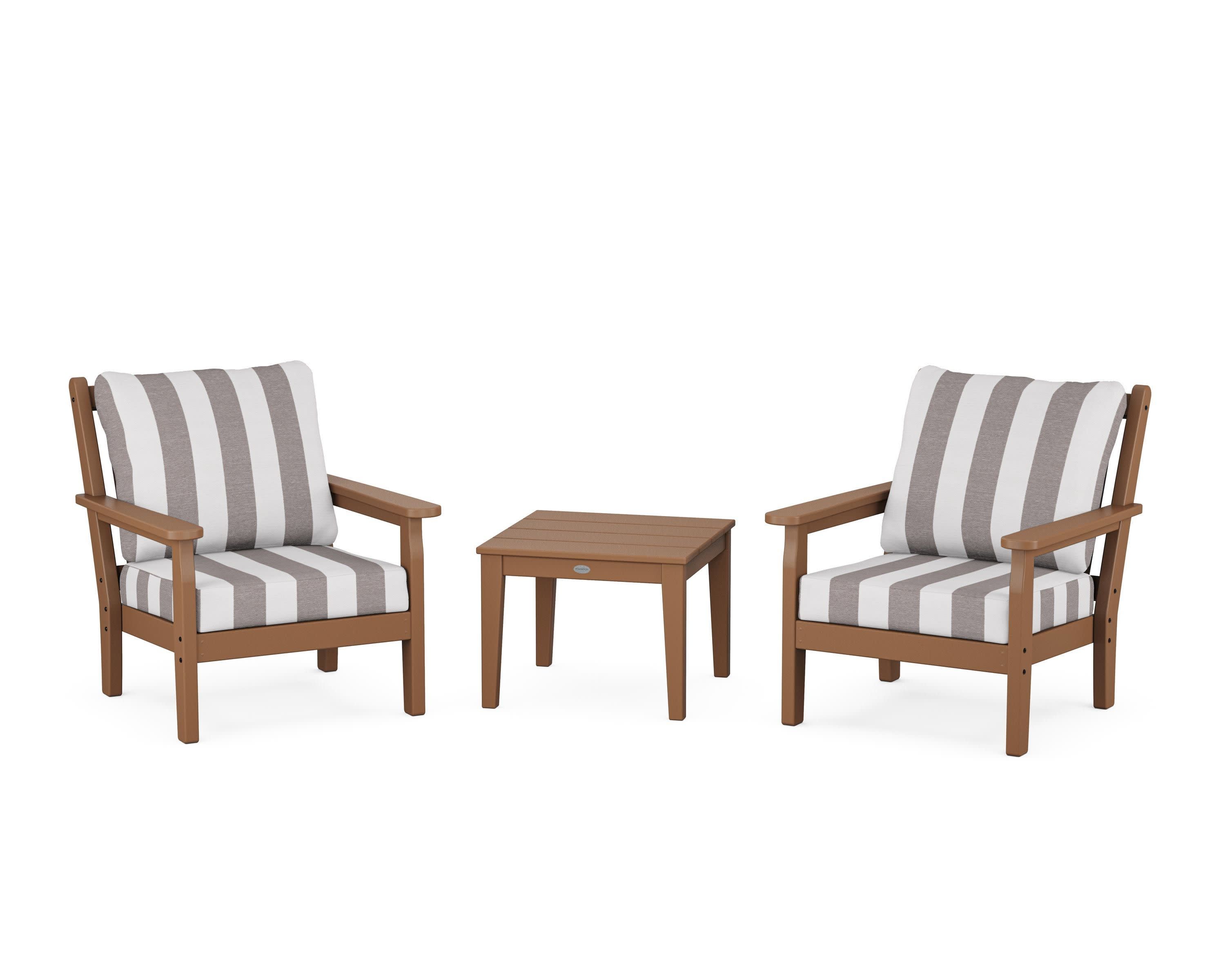 Chippendale 3-Piece Deep Seating Set in Teak / Cabana Stripe Grey Mist