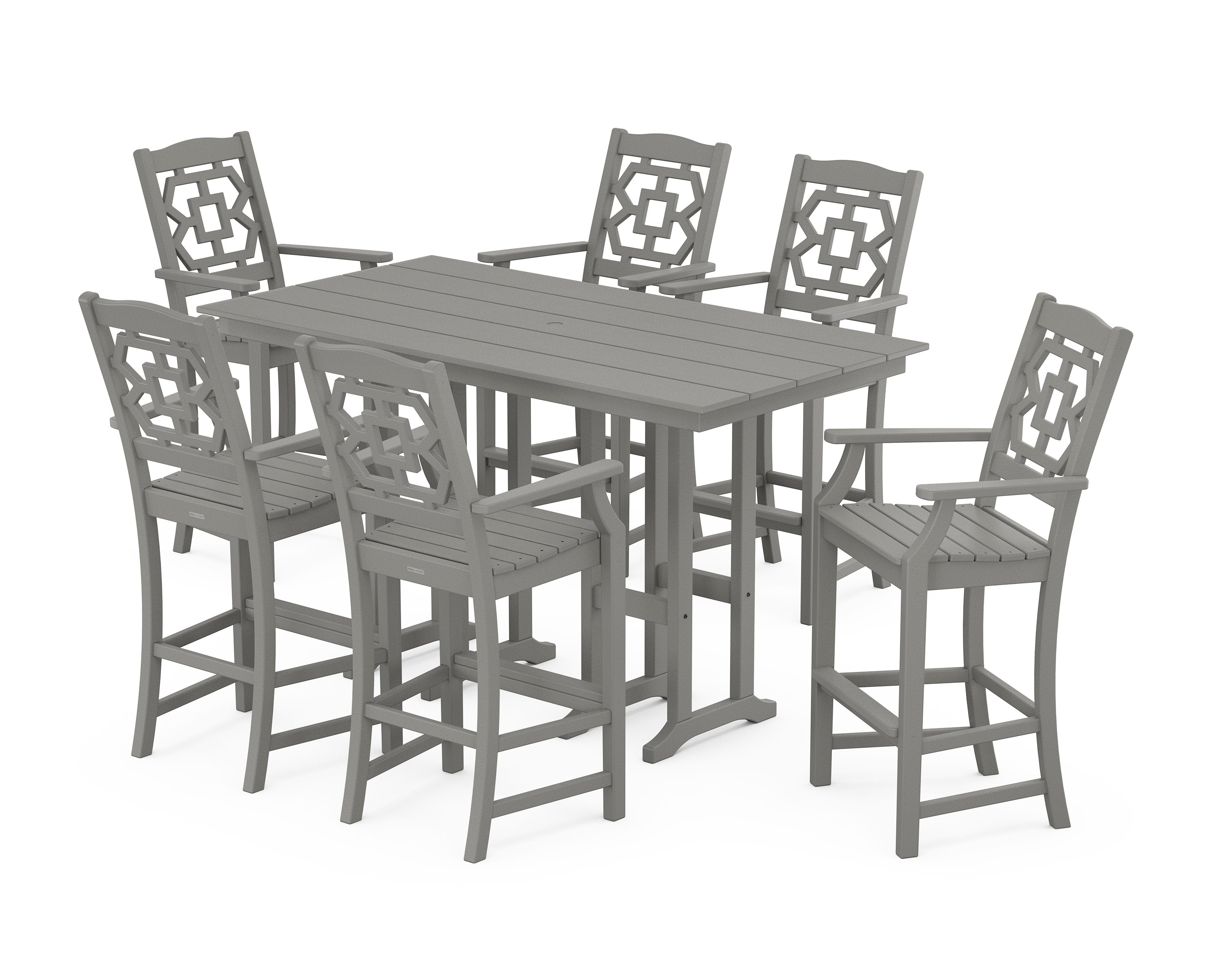 Chinoiserie Arm Chair 7-Piece Farmhouse Bar Set in Slate Grey