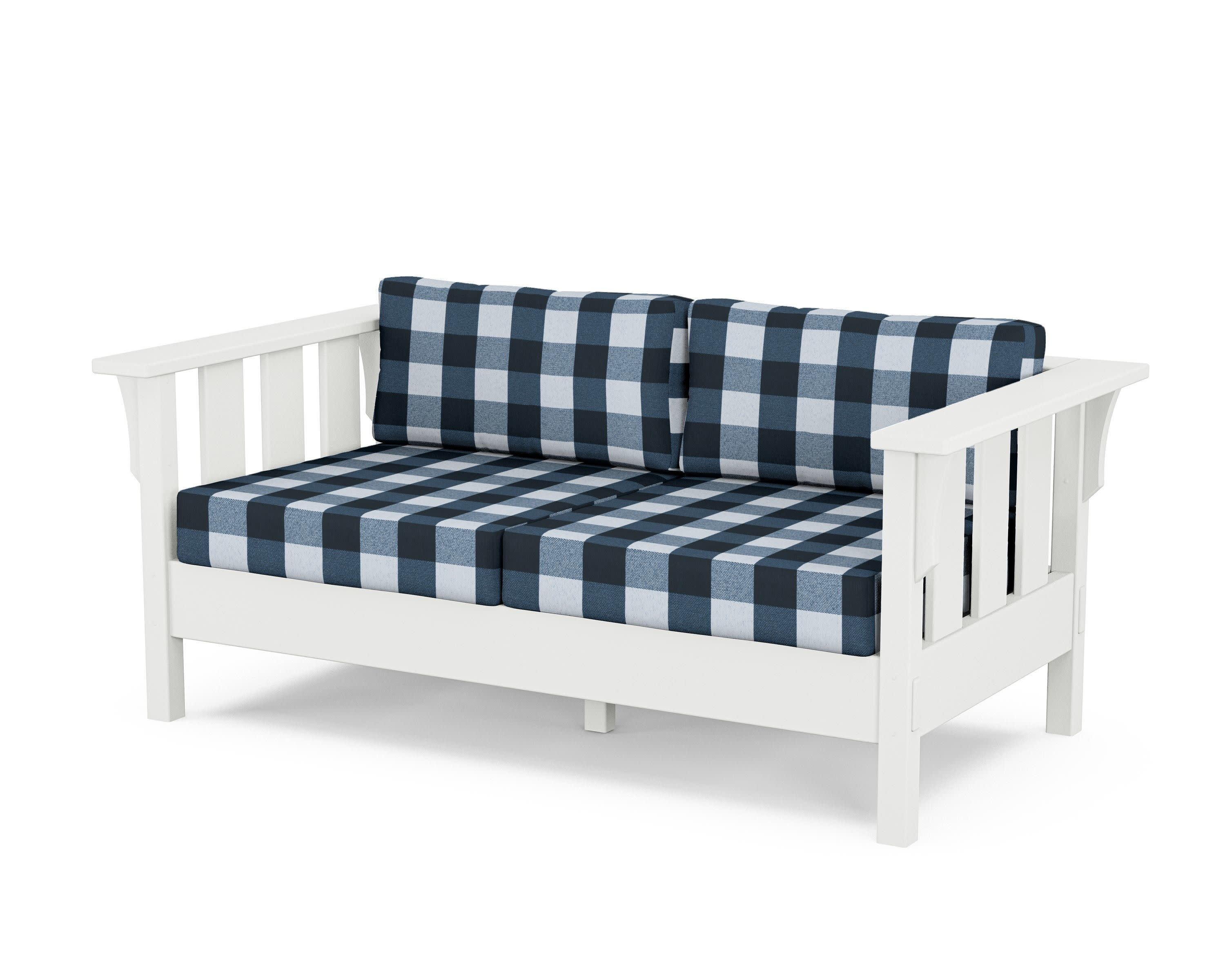 Acadia Deep Seating Loveseat in White / Buffalo Plaid Marine Indigo
