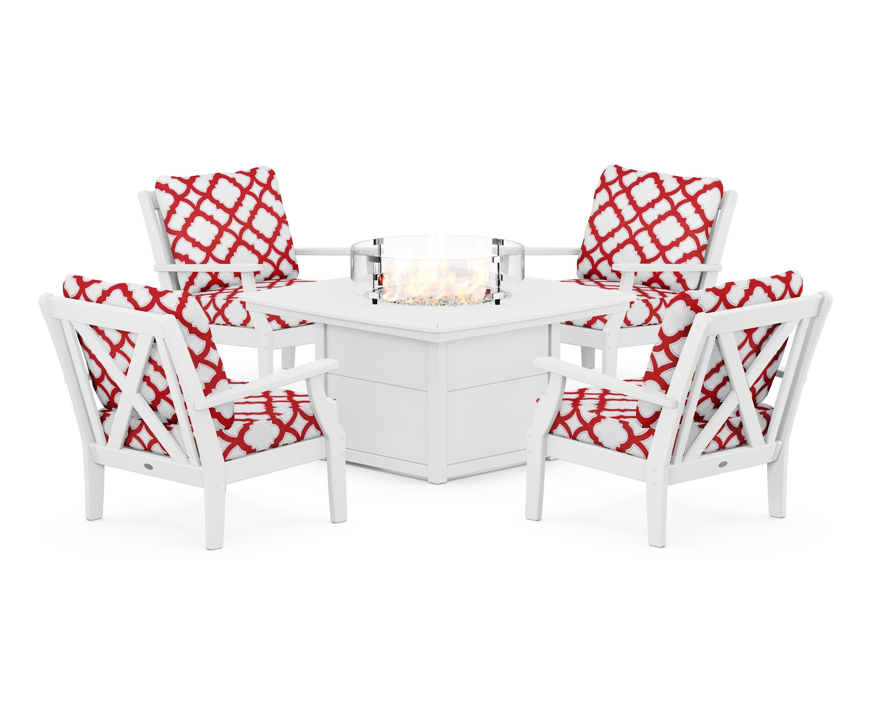 Braxton 5-Piece Deep Seating Conversation Set with Fire Pit Table in White / Trellis Crimson