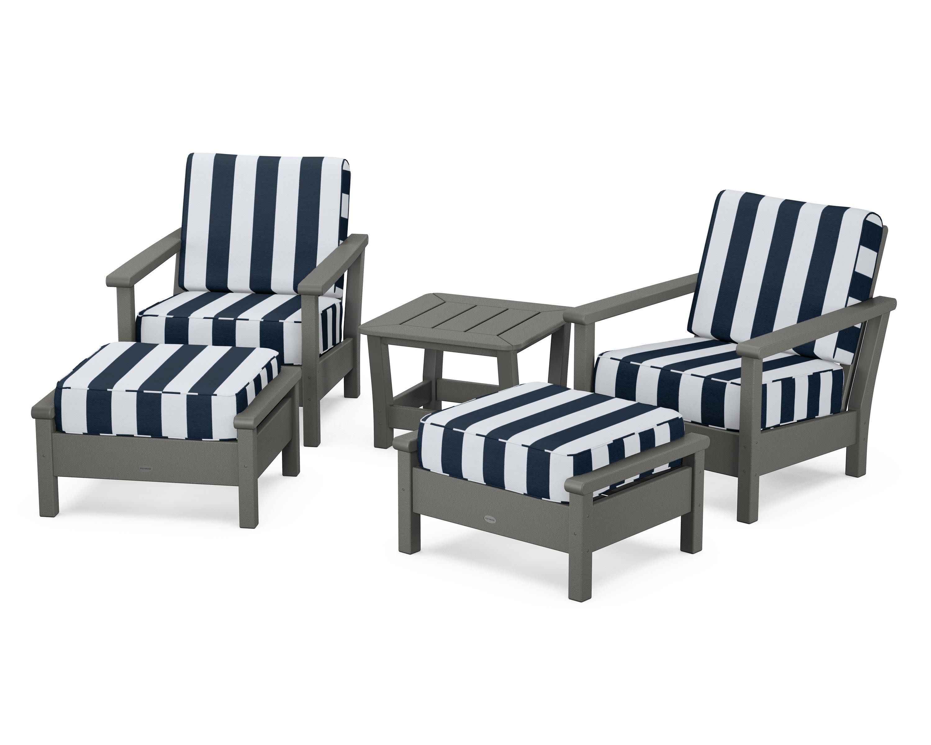 Harbour 5-Piece Deep Seating Chair Set in Slate Grey / Cabana Stripe Marine Indigo