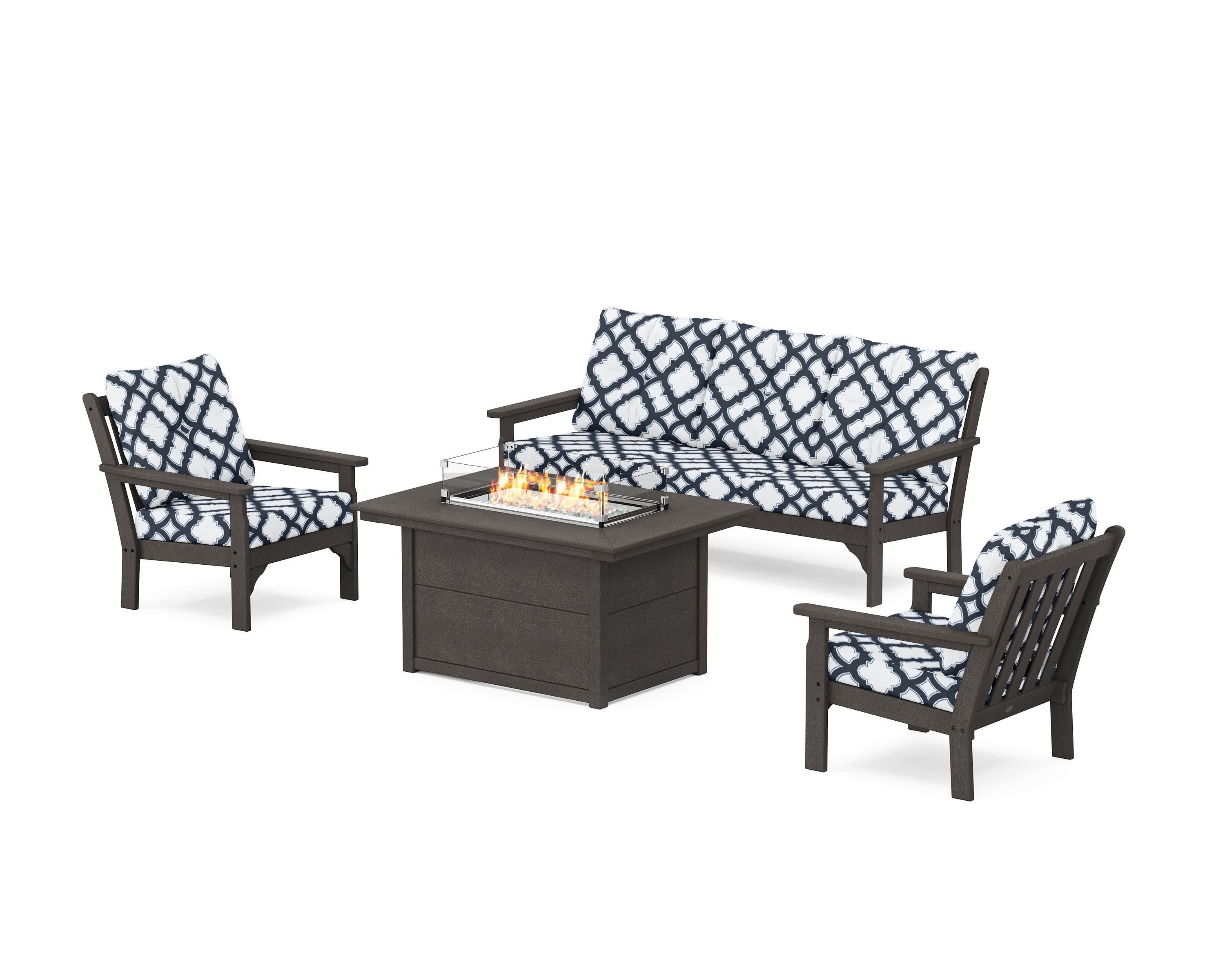 Vineyard Deep Seating Fire Pit Table Set in Vintage Coffee / Trellis Marine Indigo