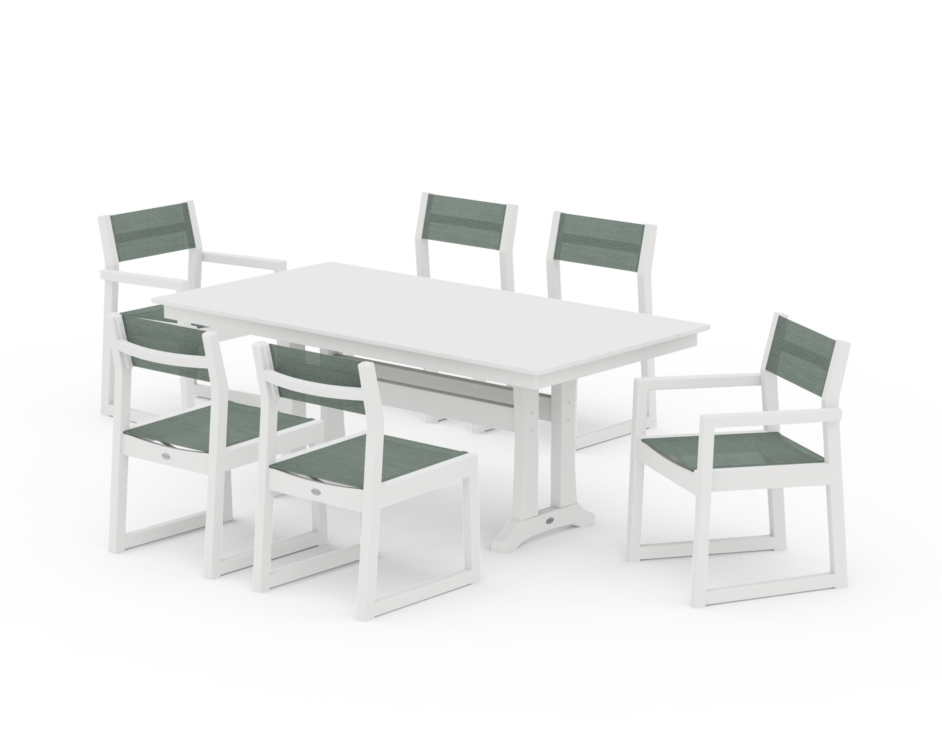 EDGE Sling 7-Piece Farmhouse Trestle Dining Set in White / Dupioni Sea Mist Sling