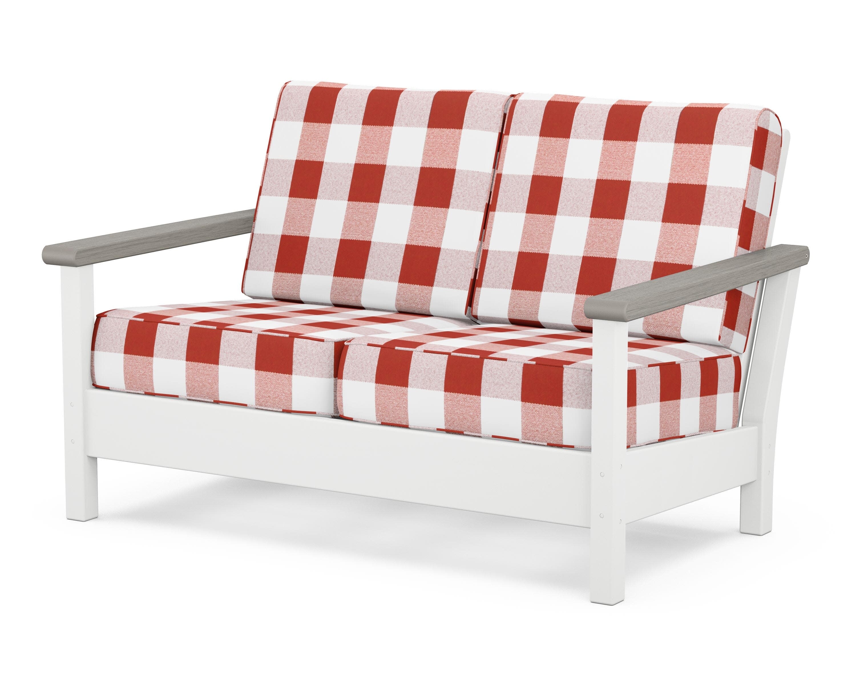 Harbour Deep Seating Loveseat in White / Driftwood / Buffalo Plaid Crimson