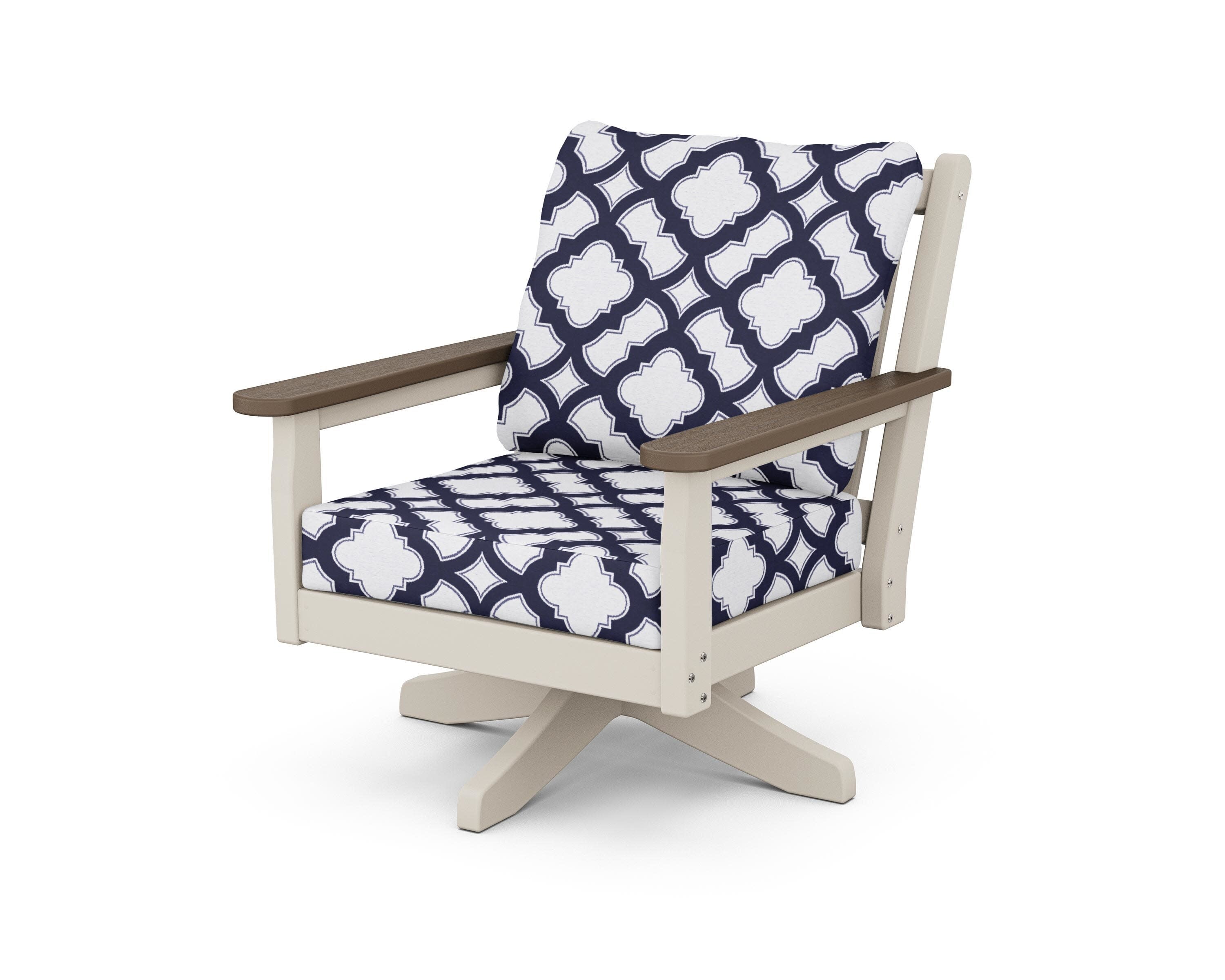 Chippendale Deep Seating Swivel Chair in Sand / Kona / Trellis Navy