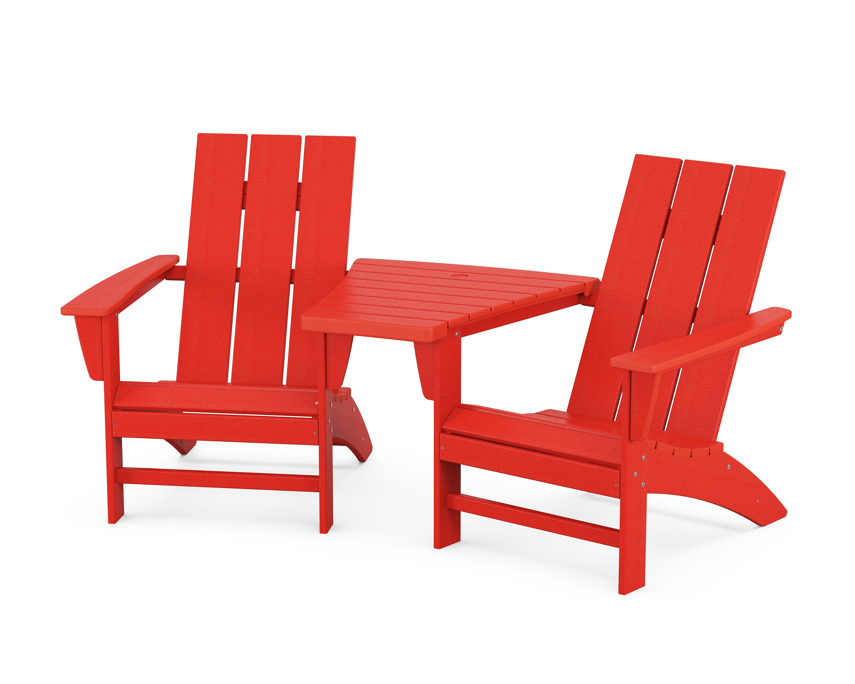 Modern 3-Piece Adirondack Set with Angled Connecting Table in Sunset Red
