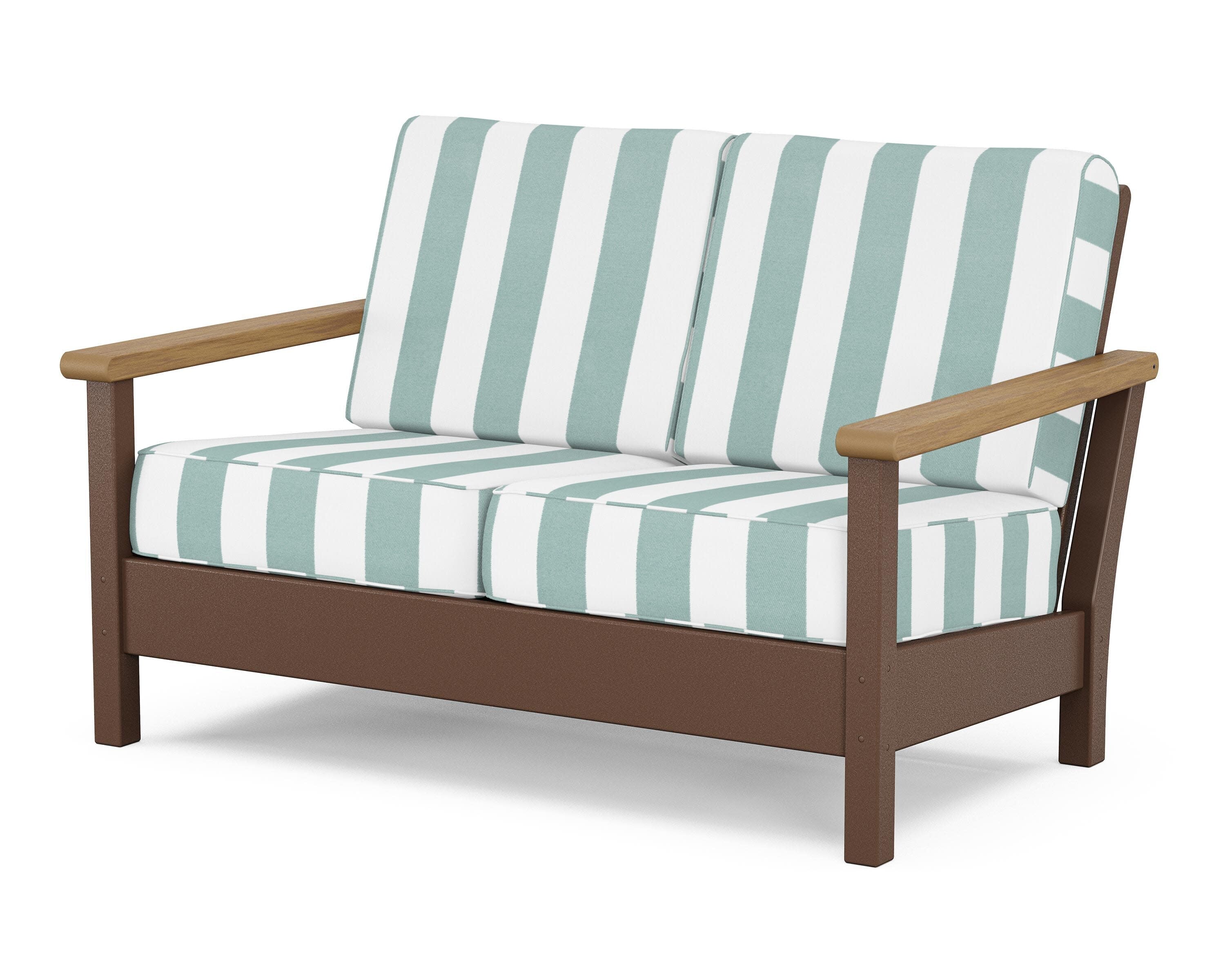 Harbour Deep Seating Loveseat in Mahogany / Natural / Cabana Stripe Glacier Spa