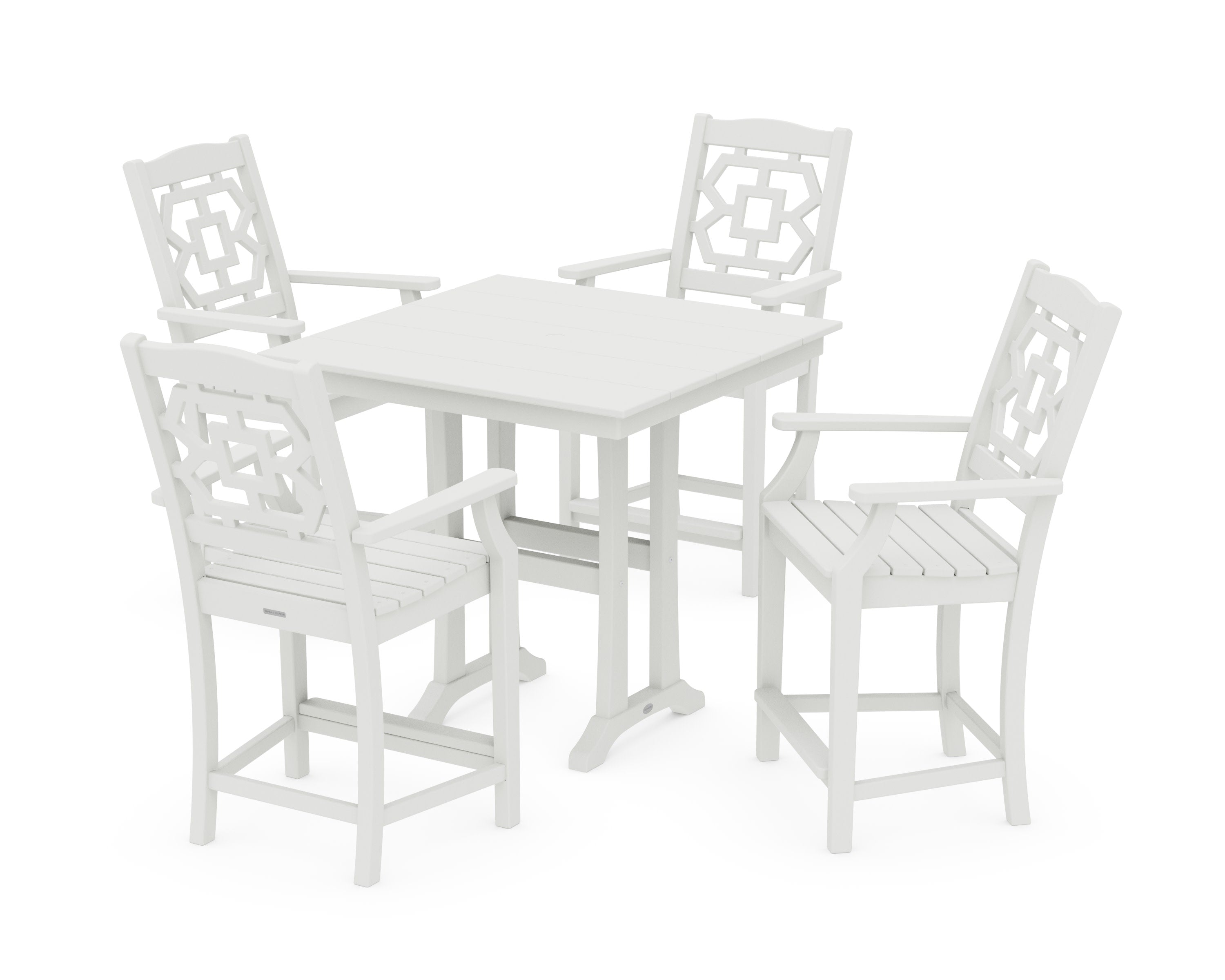 Chinoiserie 5-Piece Farmhouse Counter Set with Trestle Legs in Vintage White