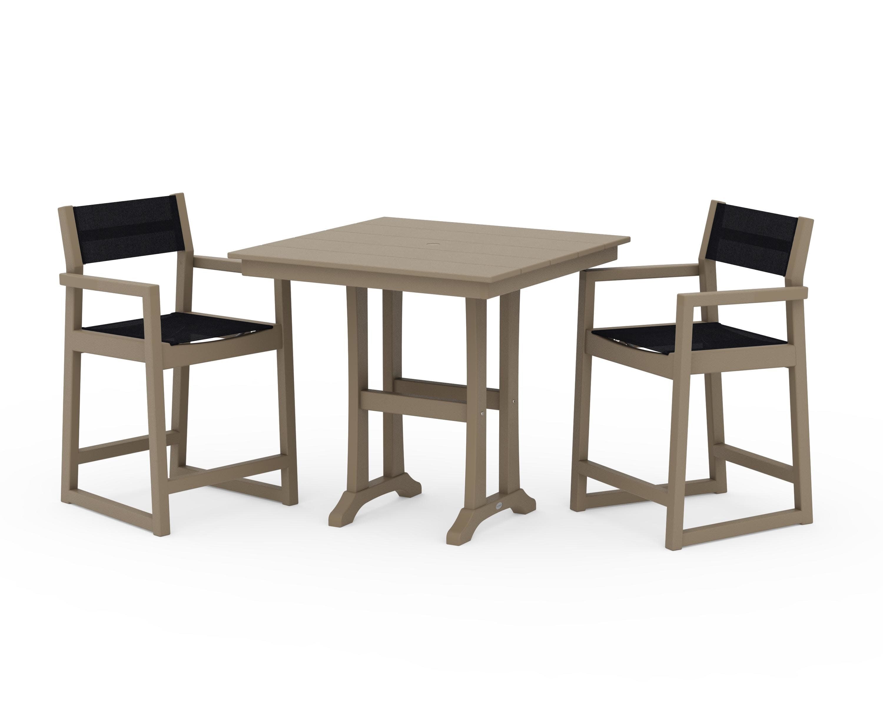 EDGE Sling Arm Chair 3-Piece Farmhouse Counter Set with Trestle Legs in Vintage Sahara / Black Sling