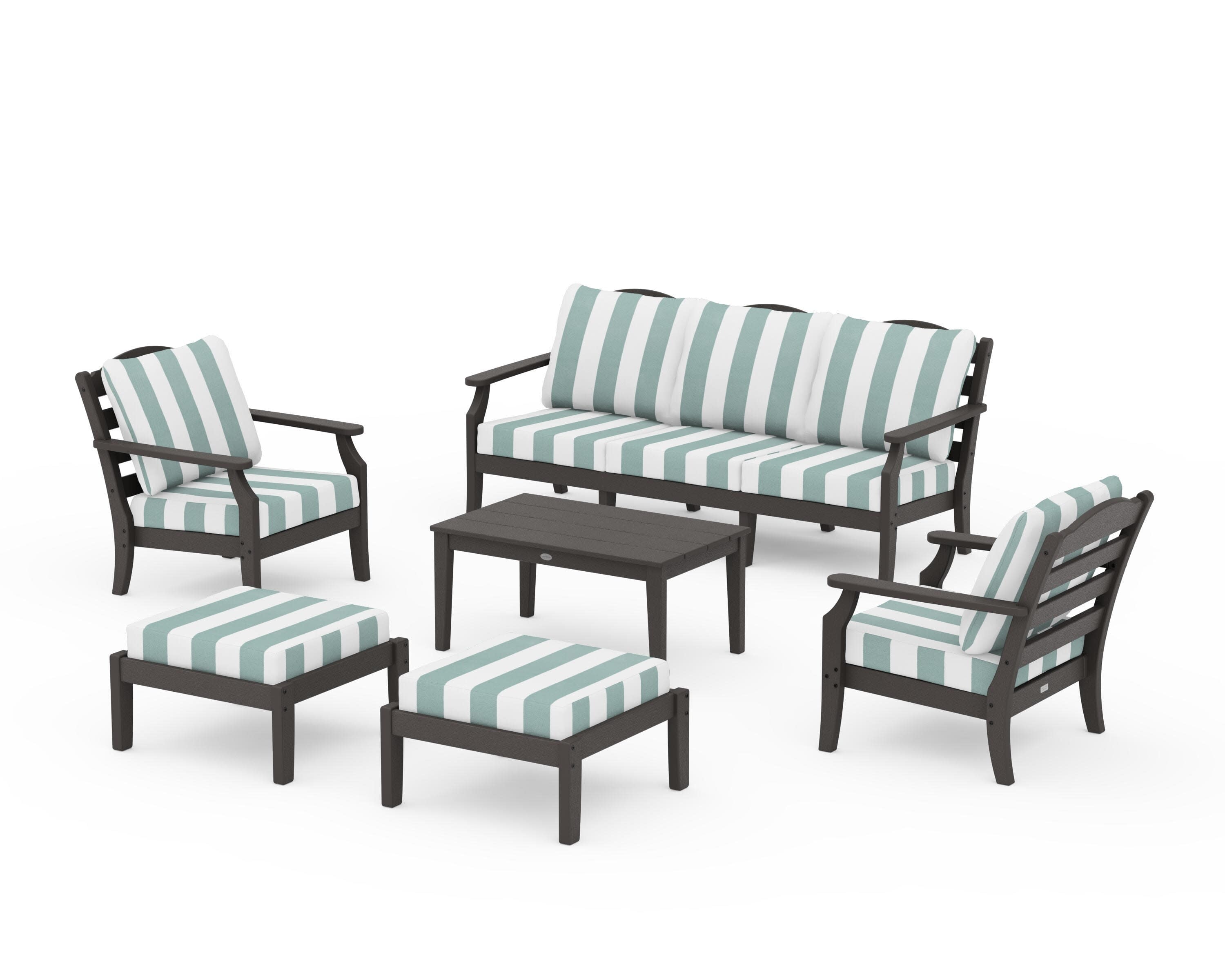 Savannah 6-Piece Lounge Sofa Set in Vintage Coffee / Cabana Stripe Glacier Spa