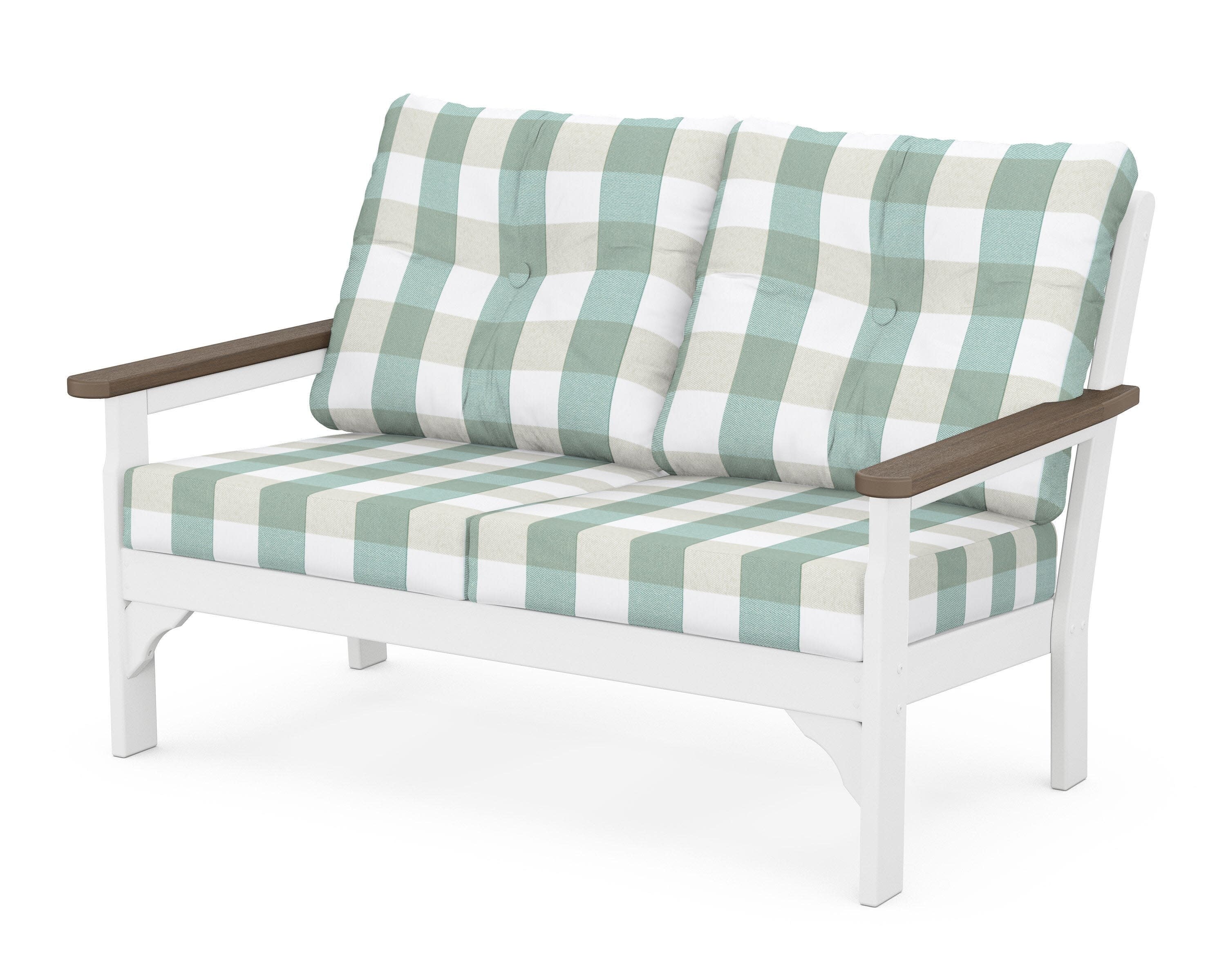Vineyard Deep Seating Loveseat in White / Kona / Buffalo Plaid Glacier Spa