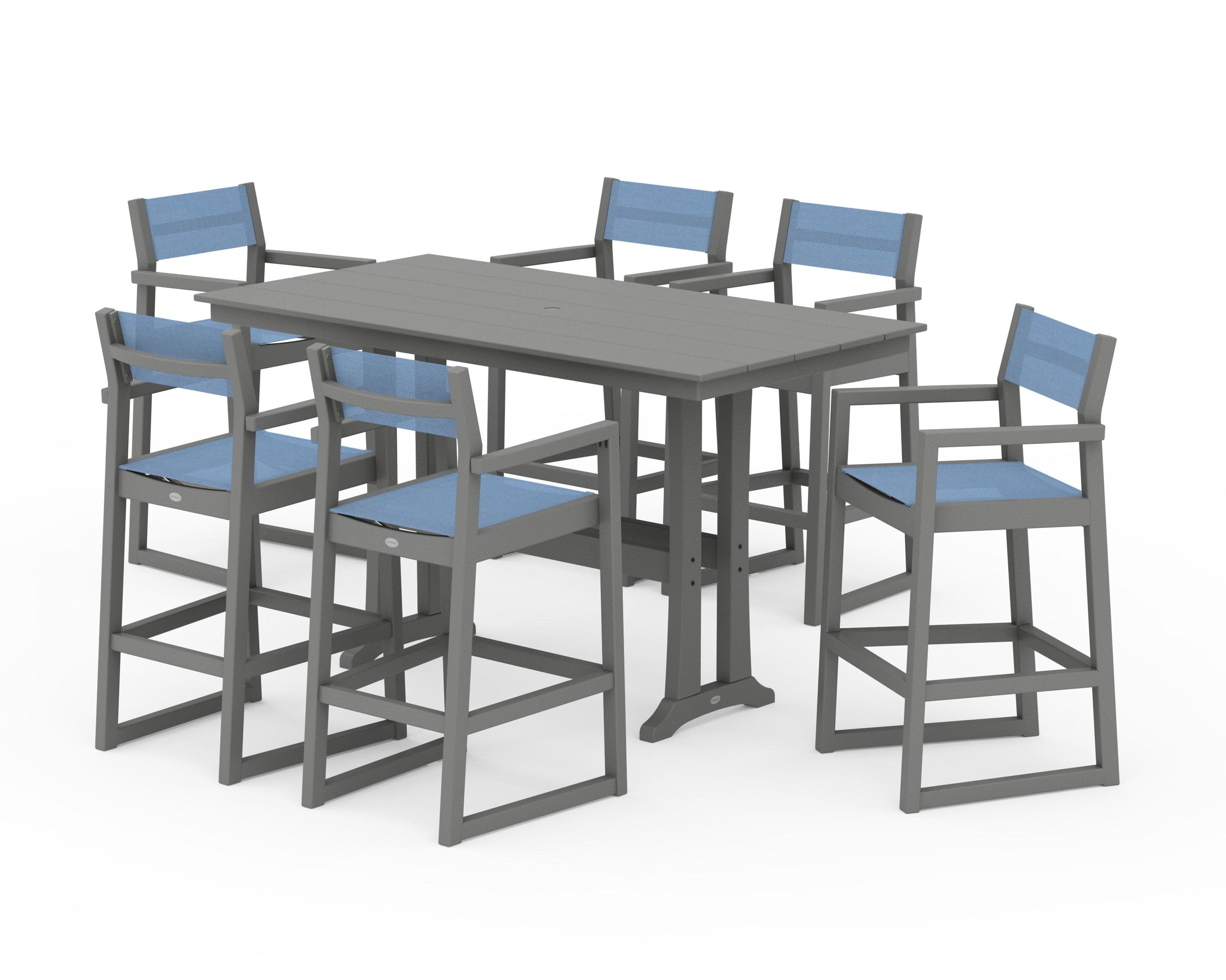 EDGE Sling Arm Chair 7-Piece Farmhouse Bar Set with Trestle Legs in Slate Grey / Poolside Sling
