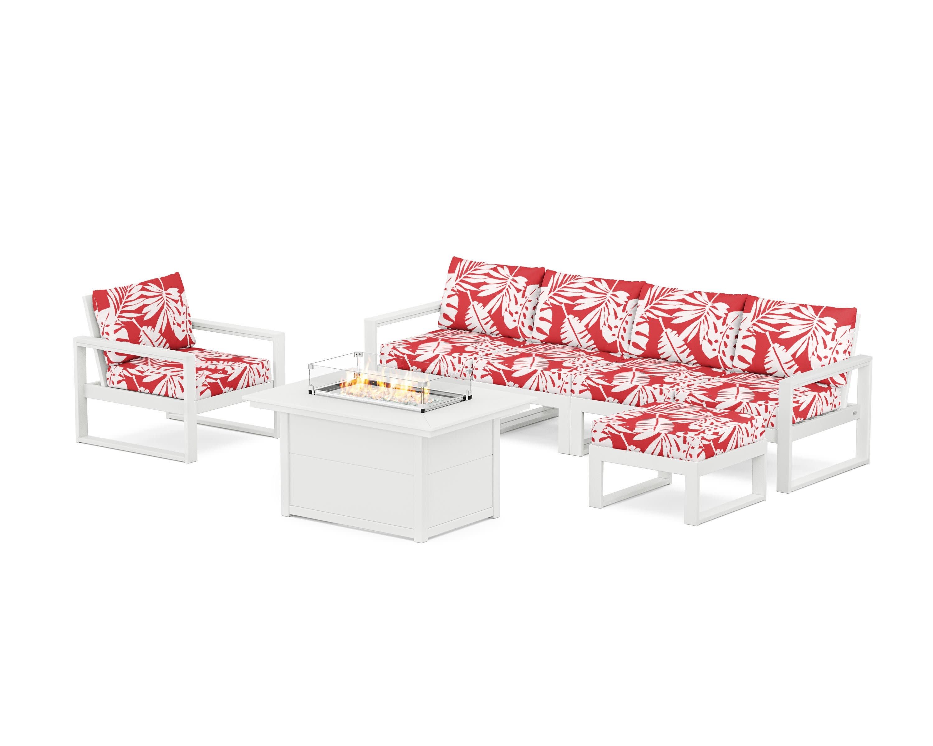 EDGE Sectional Lounge and Fire Pit Set in White / Leaf Crimson