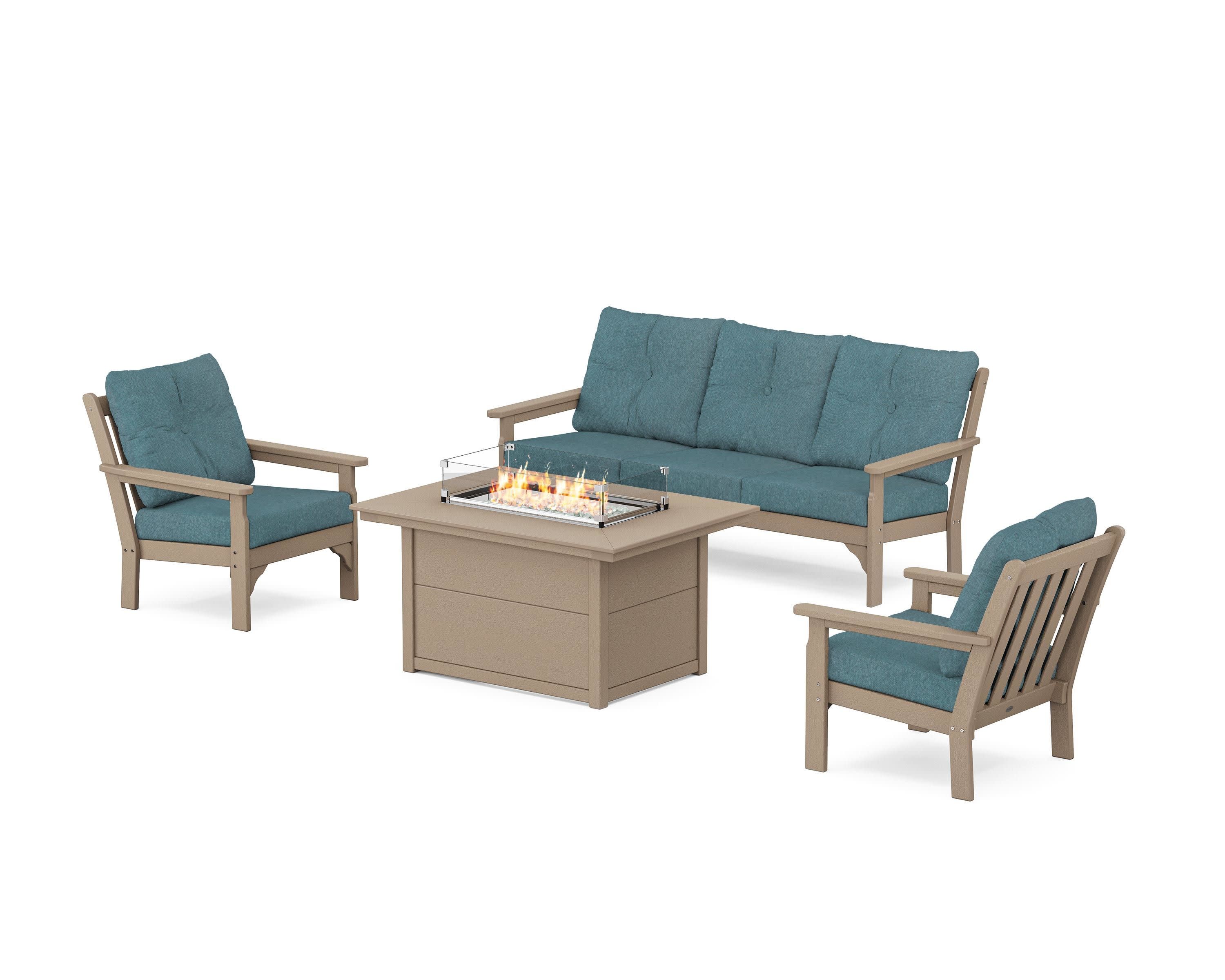 Vineyard Deep Seating Fire Pit Table Set in Vintage Sahara / Ocean Teal