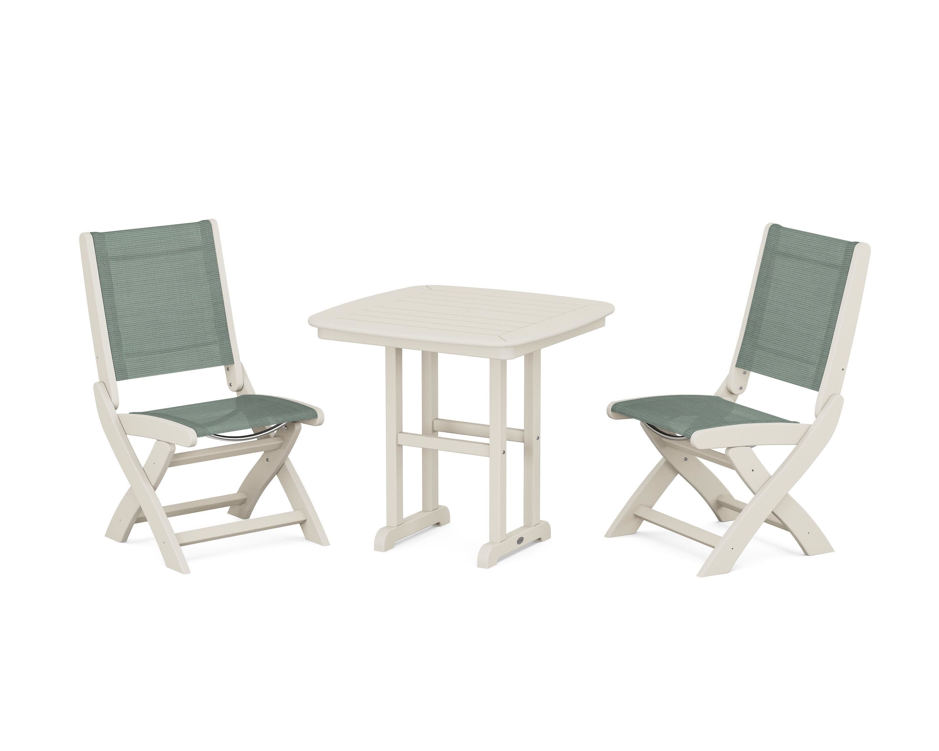 Coastal Folding Side Chair 3-Piece Dining Set in Sand / Dupioni Sea Mist Sling