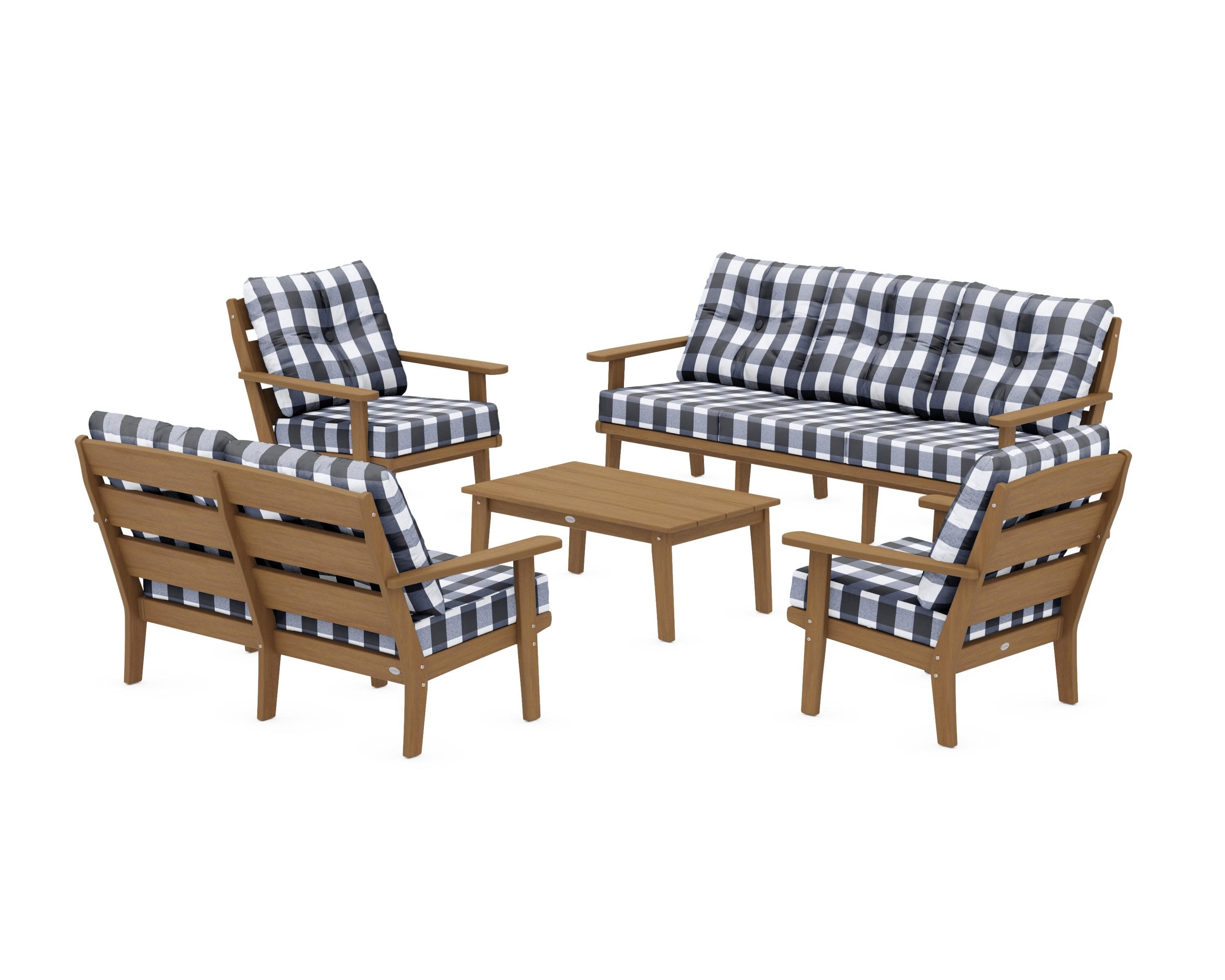 Lakeside 5-Piece Lounge Sofa Set in Natural / Buffalo Plaid Marine Indigo