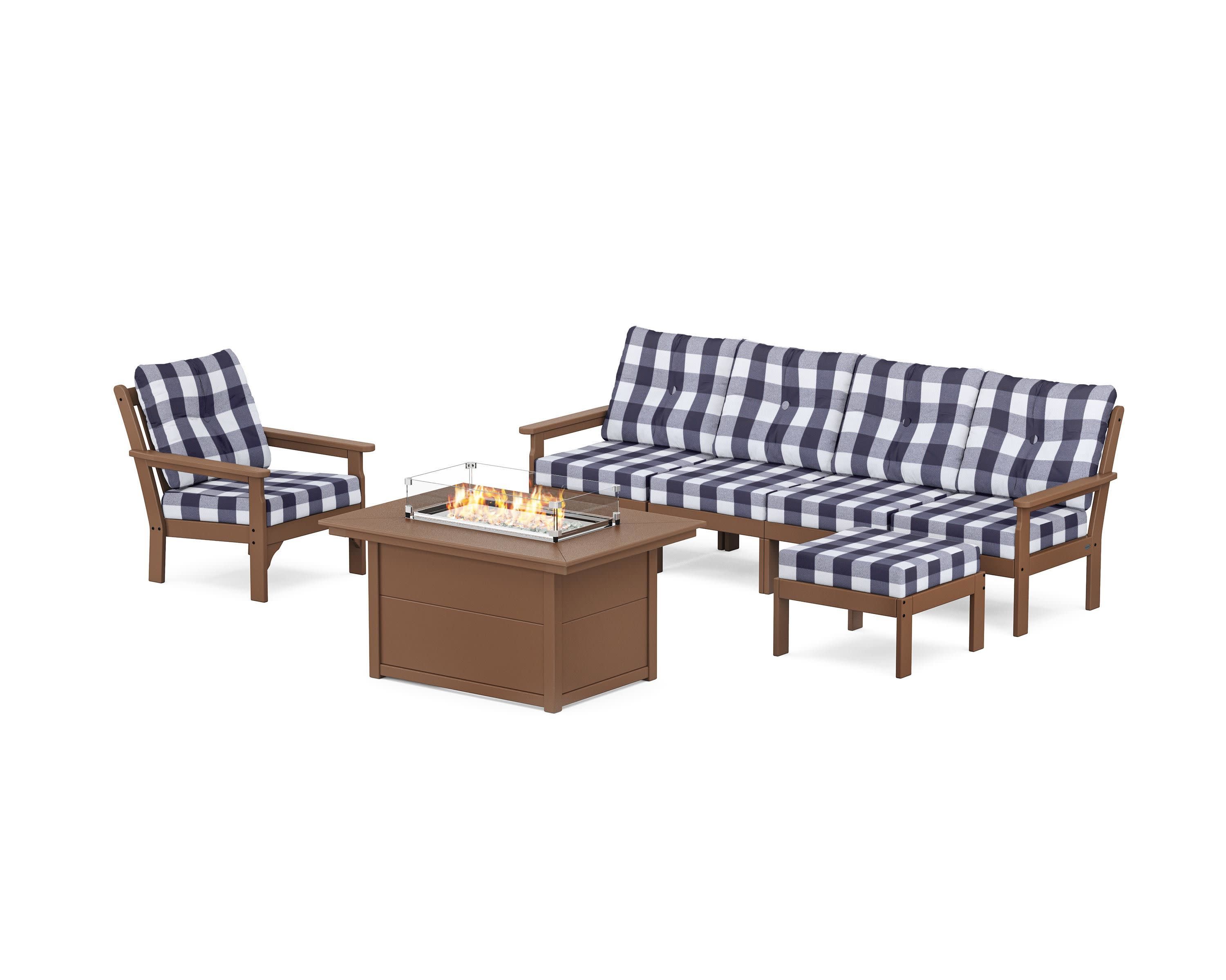 Vineyard Sectional Lounge and Fire Pit Set in Teak / Buffalo Plaid Navy