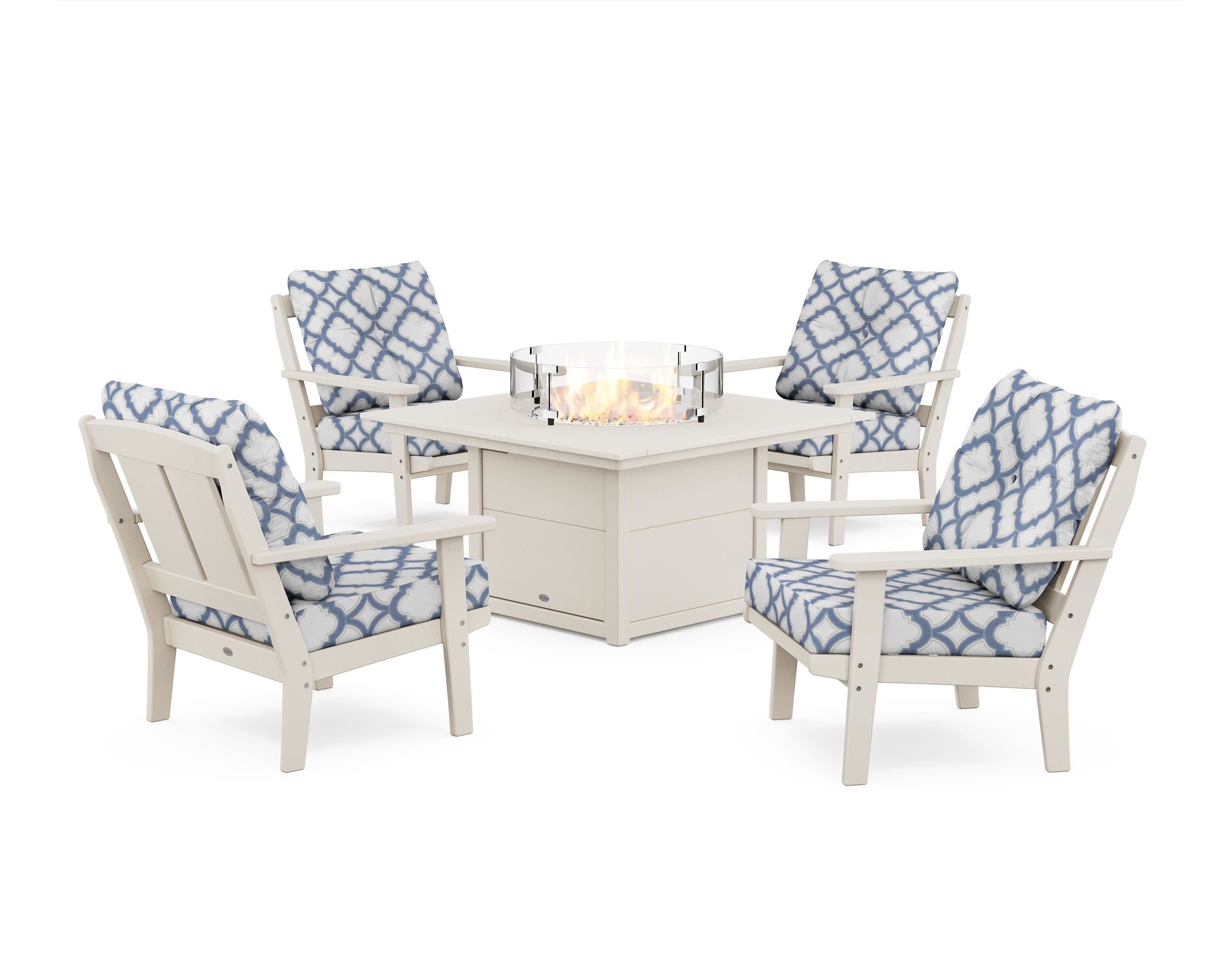 Mission 5-Piece Deep Seating Set with Fire Pit Table in Sand / Trellis Sky Blue