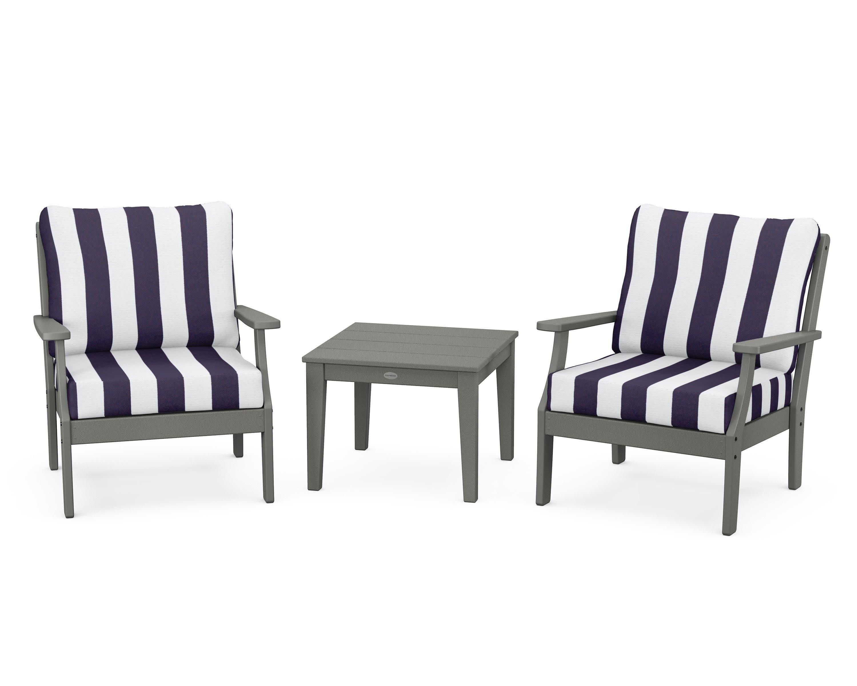 Braxton 3-Piece Deep Seating Set in Slate Grey / Cabana Stripe Navy