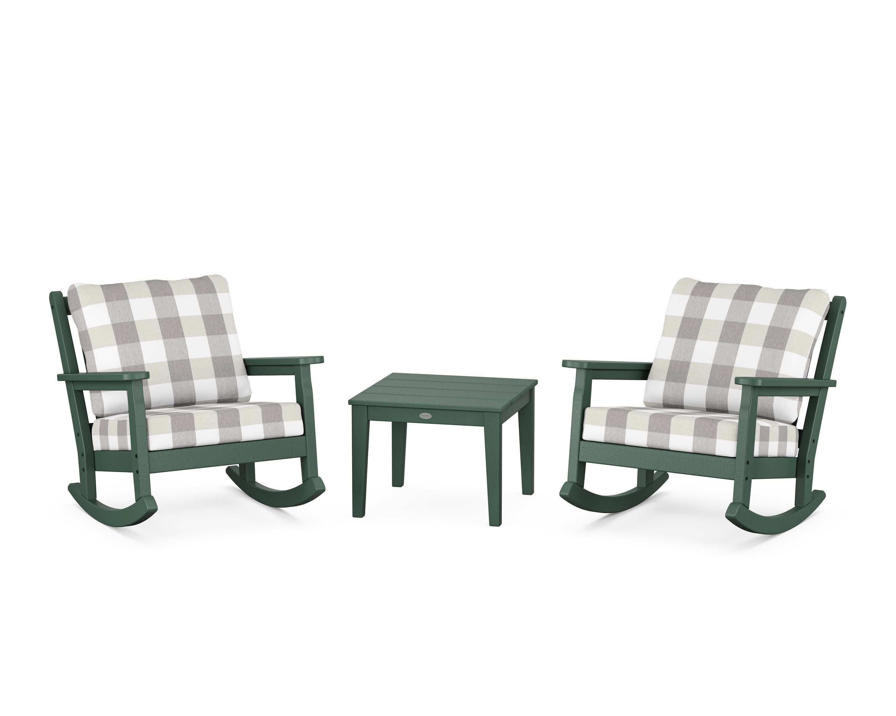 Chippendale 3-Piece Deep Seating Rocker Set in Green / Buffalo Plaid Grey Mist