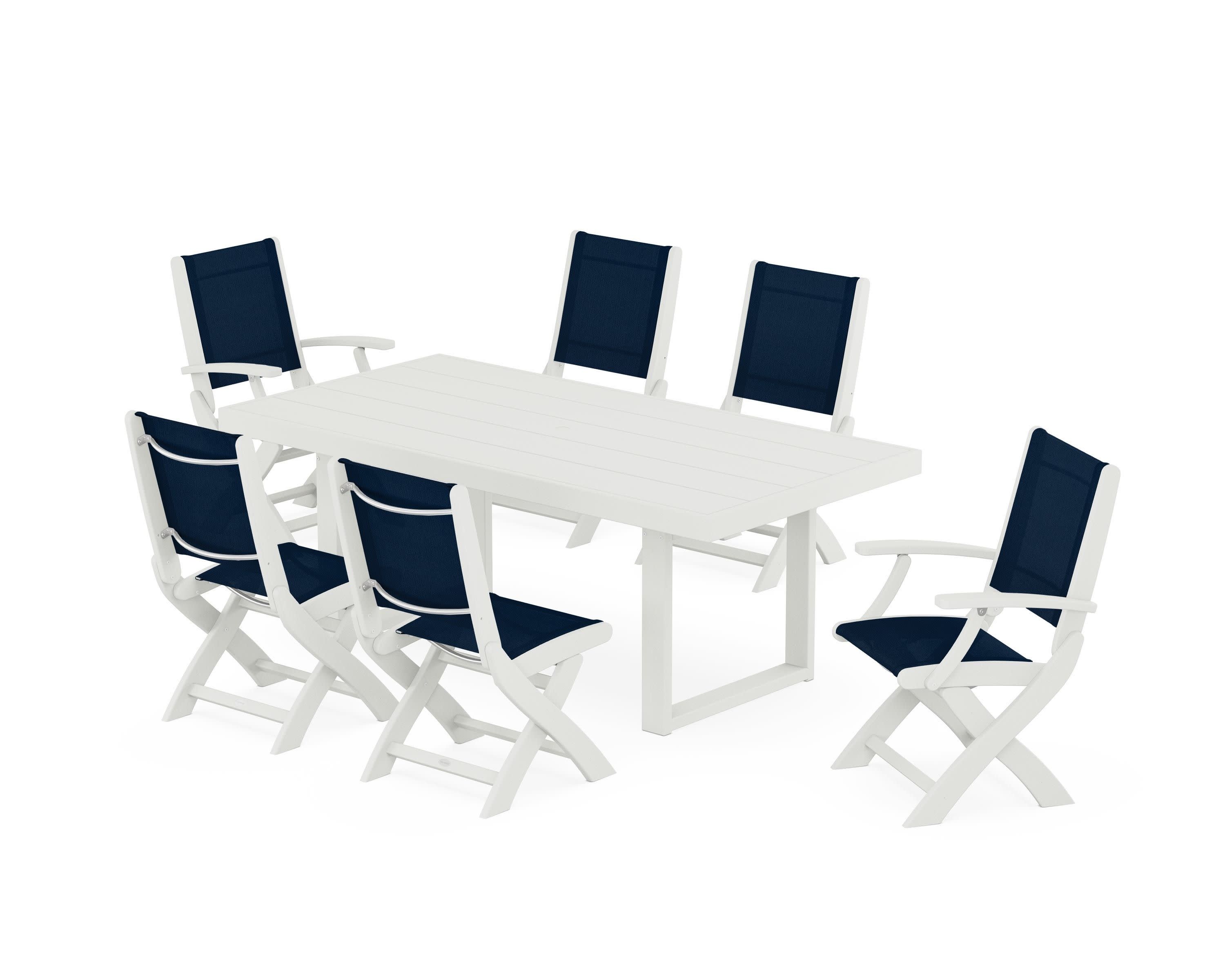 Coastal Folding Chair 7-Piece Dining Set with Trestle Legs in Vintage White / Navy Blue Sling