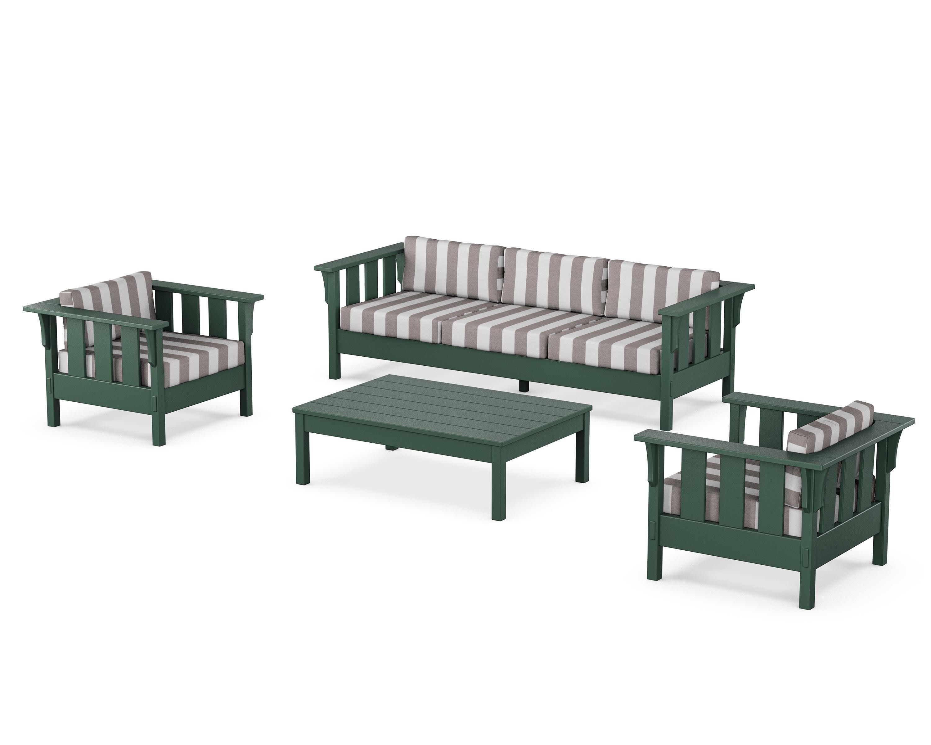 Acadia 4-Piece Deep Seating Set with Sofa in Green / Cabana Stripe Grey Mist