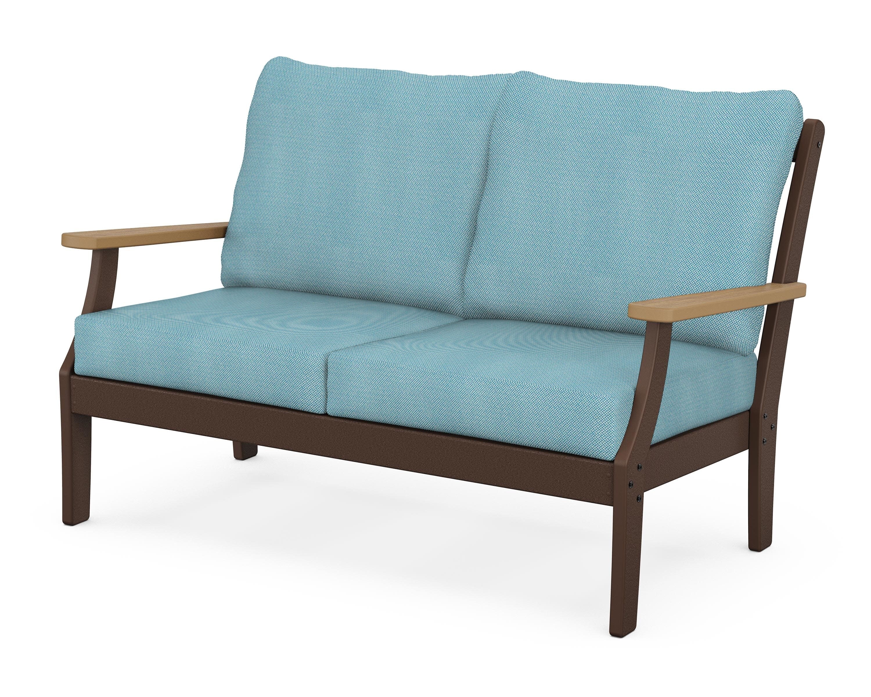 Braxton Deep Seating Loveseat in Mahogany / Natural / Lattice Sky Blue