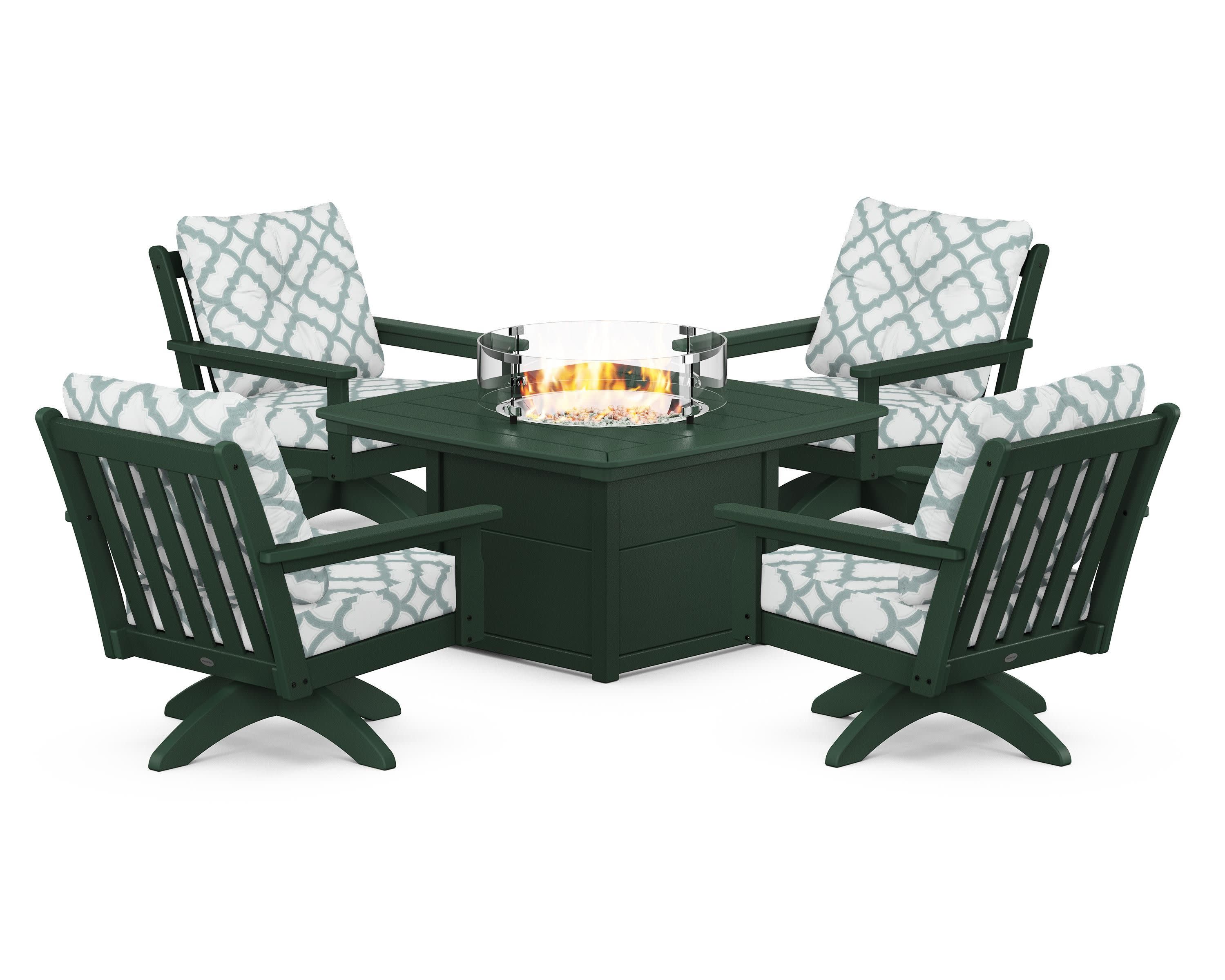 Vineyard 5-Piece Deep Seating Swivel Conversation Set with Fire Pit Table in Green / Trellis Glacier Spa