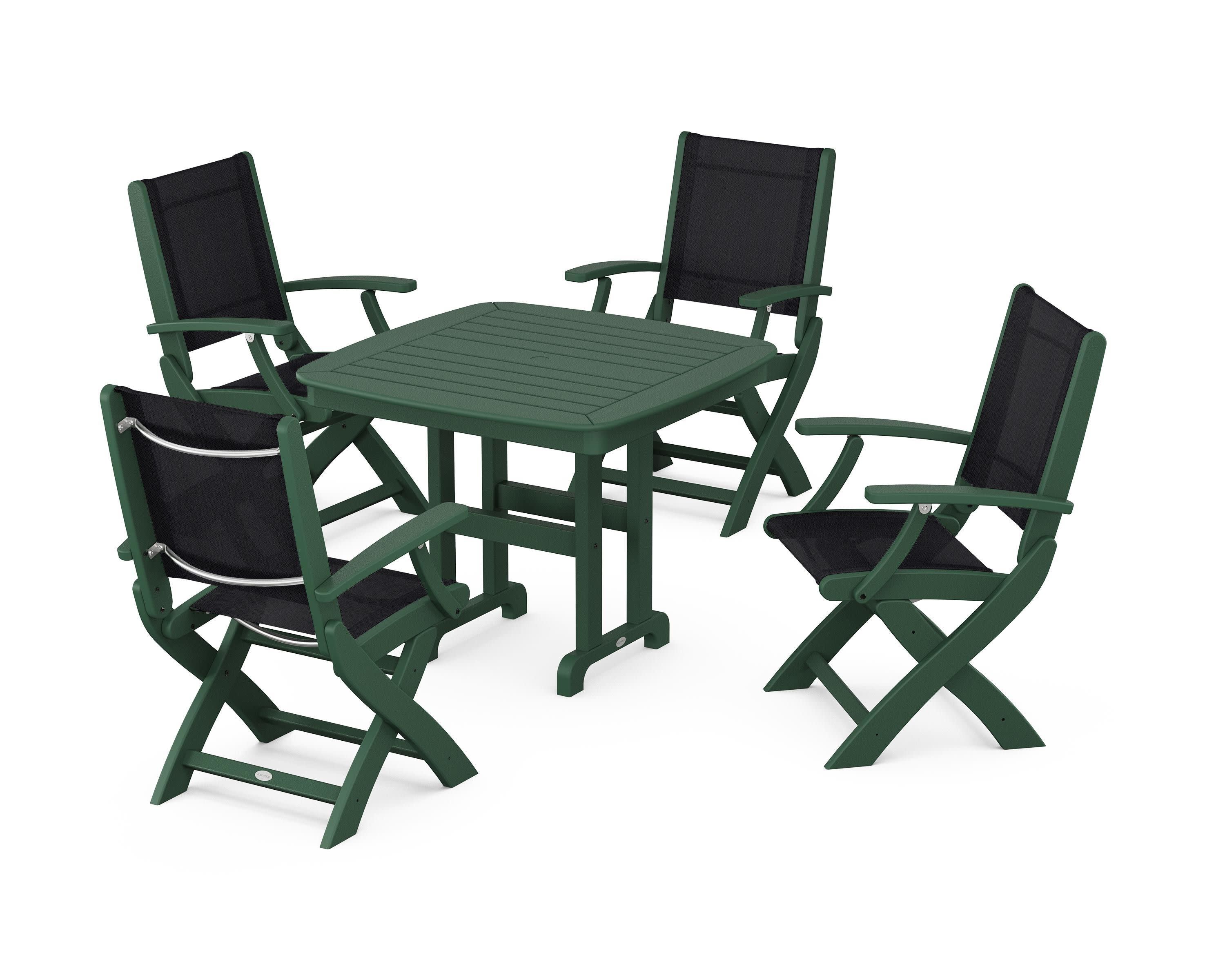 Coastal Folding Chair 5-Piece Dining Set in Green / Black Sling