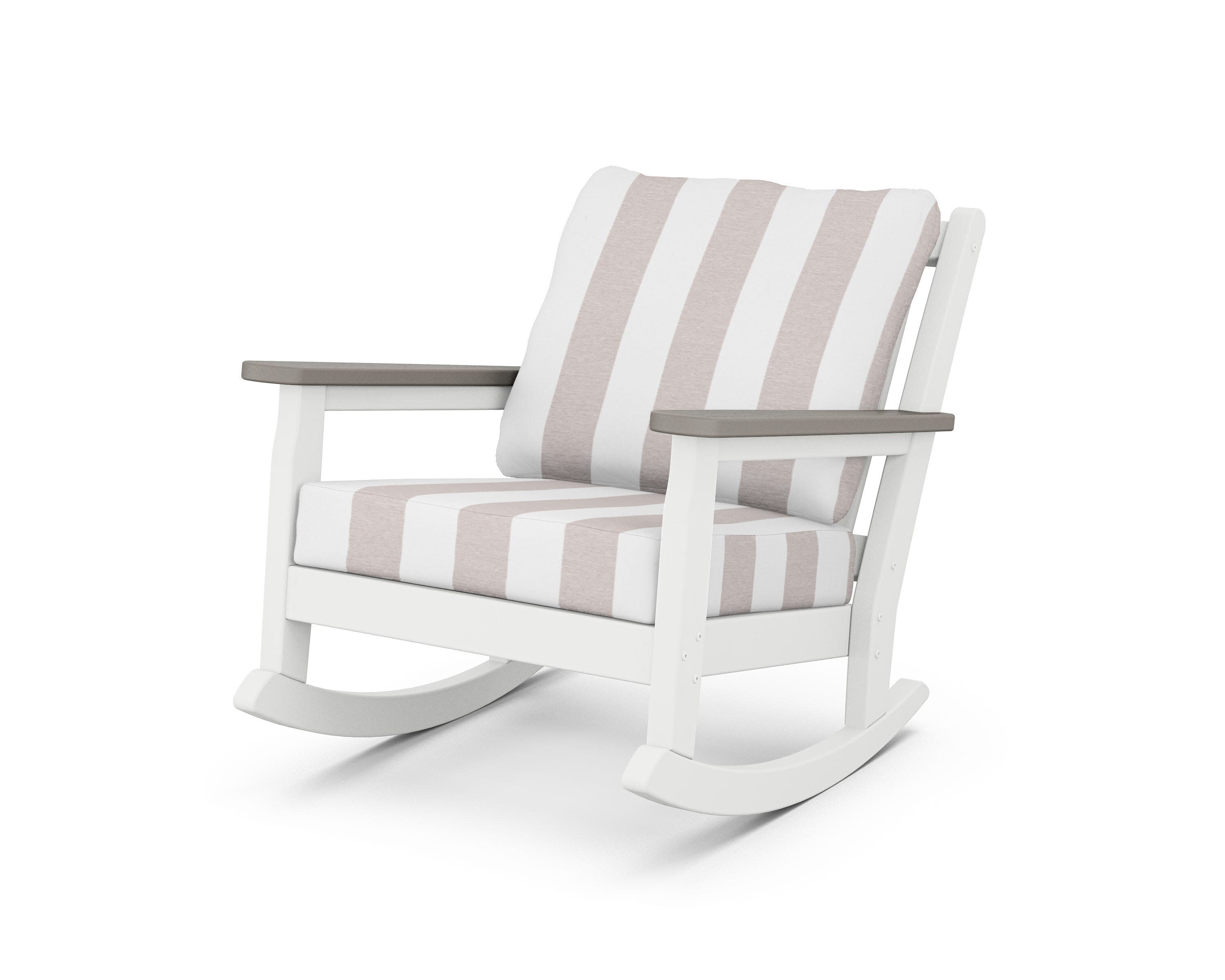Chippendale Deep Seating Rocking Chair in White / Driftwood / Cabana Stripe Dune Burlap