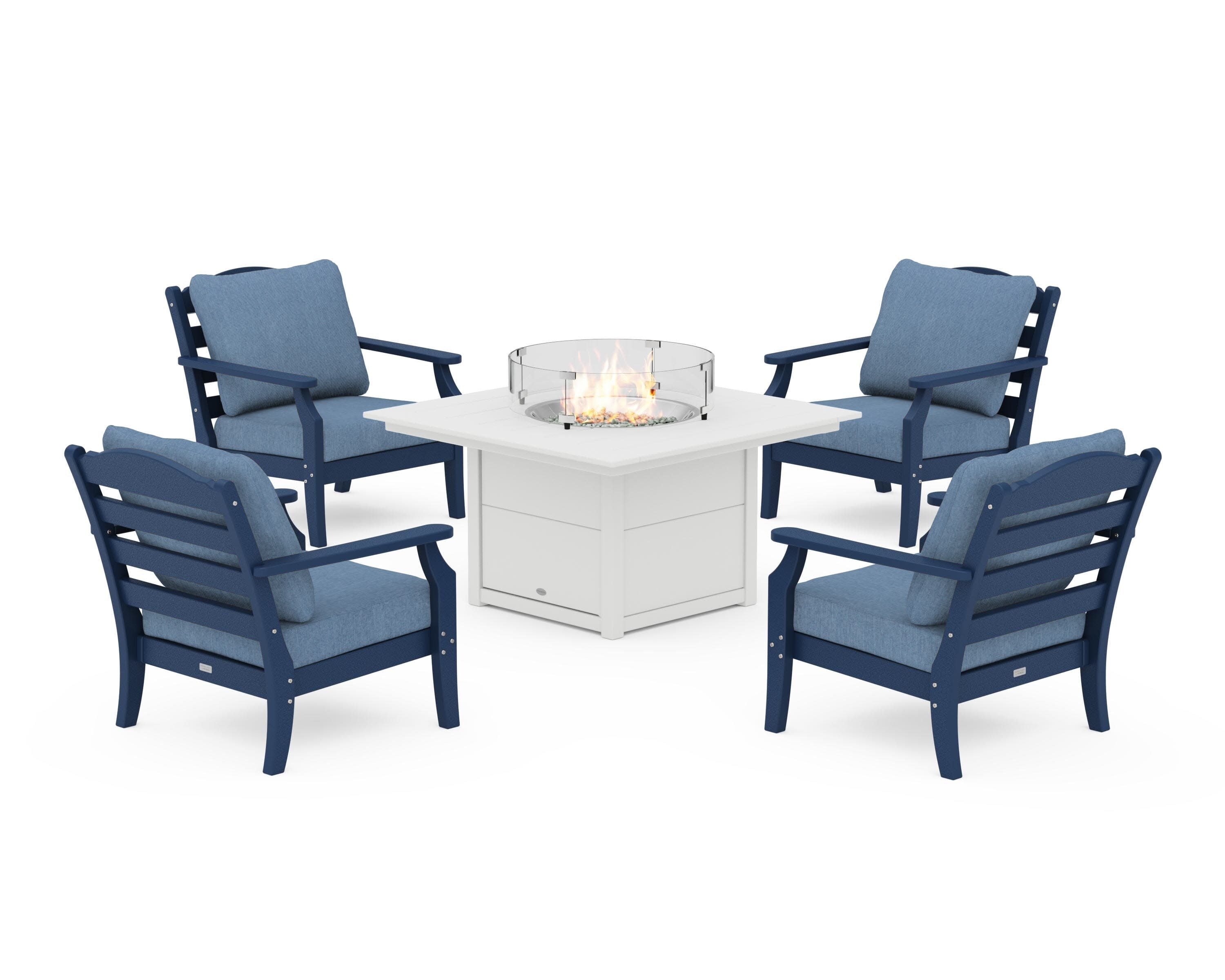 Savannah 5-Piece Deep Seating Set with Fire Pit Table in Navy / Sky Blue