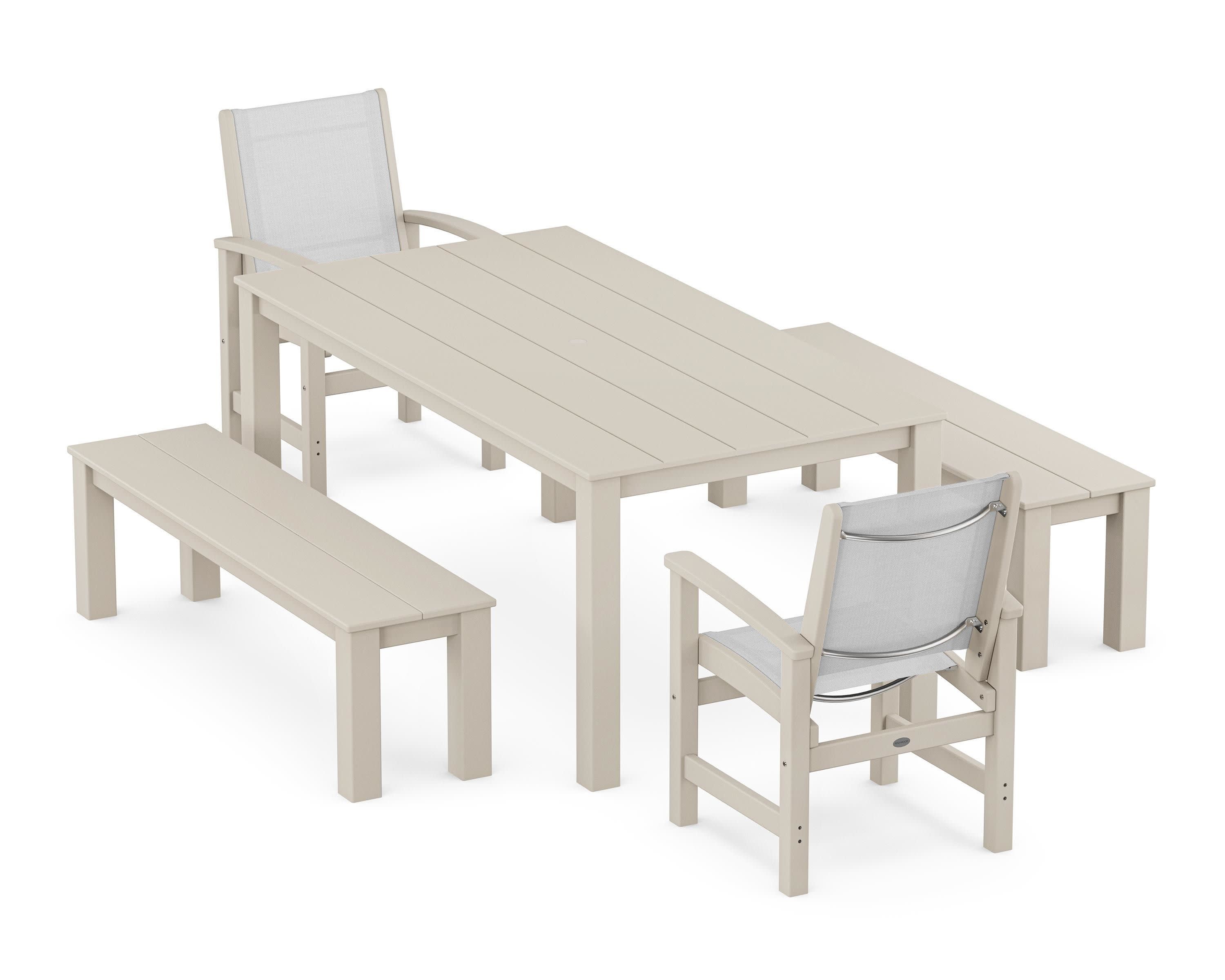 Coastal 5-Piece Parsons Dining Set with Benches in Sand / White Sling